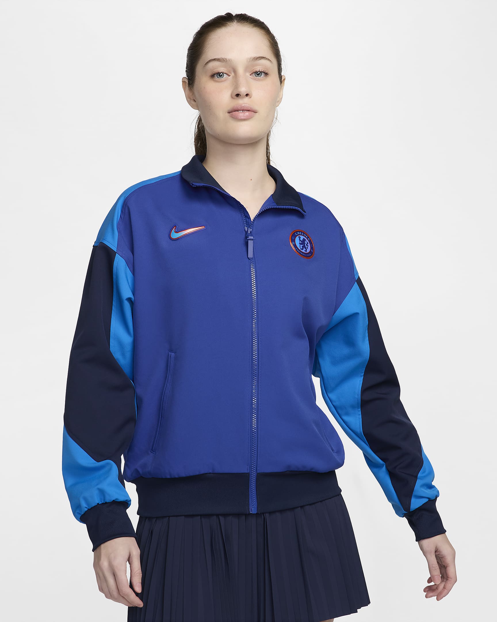 Damska piłkarska kurtka przedmeczowa Nike Dri-FIT Chelsea F.C. Strike - Rush Blue/Obsidian/Light Photo Blue