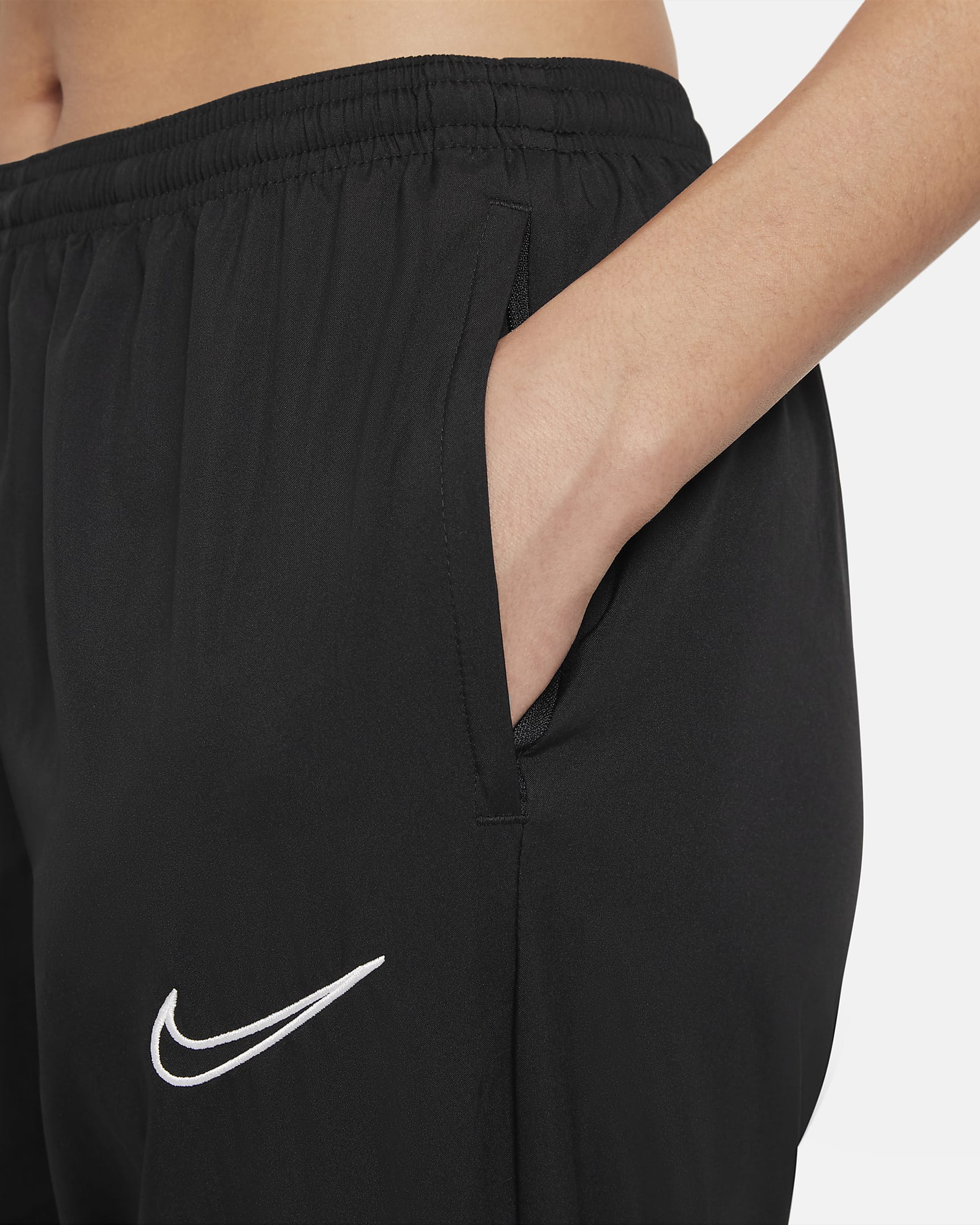 Pantalones de entrenamiento de fútbol de tejido Woven para mujer Nike Dri-FIT Academy - Negro/Blanco/Blanco/Blanco