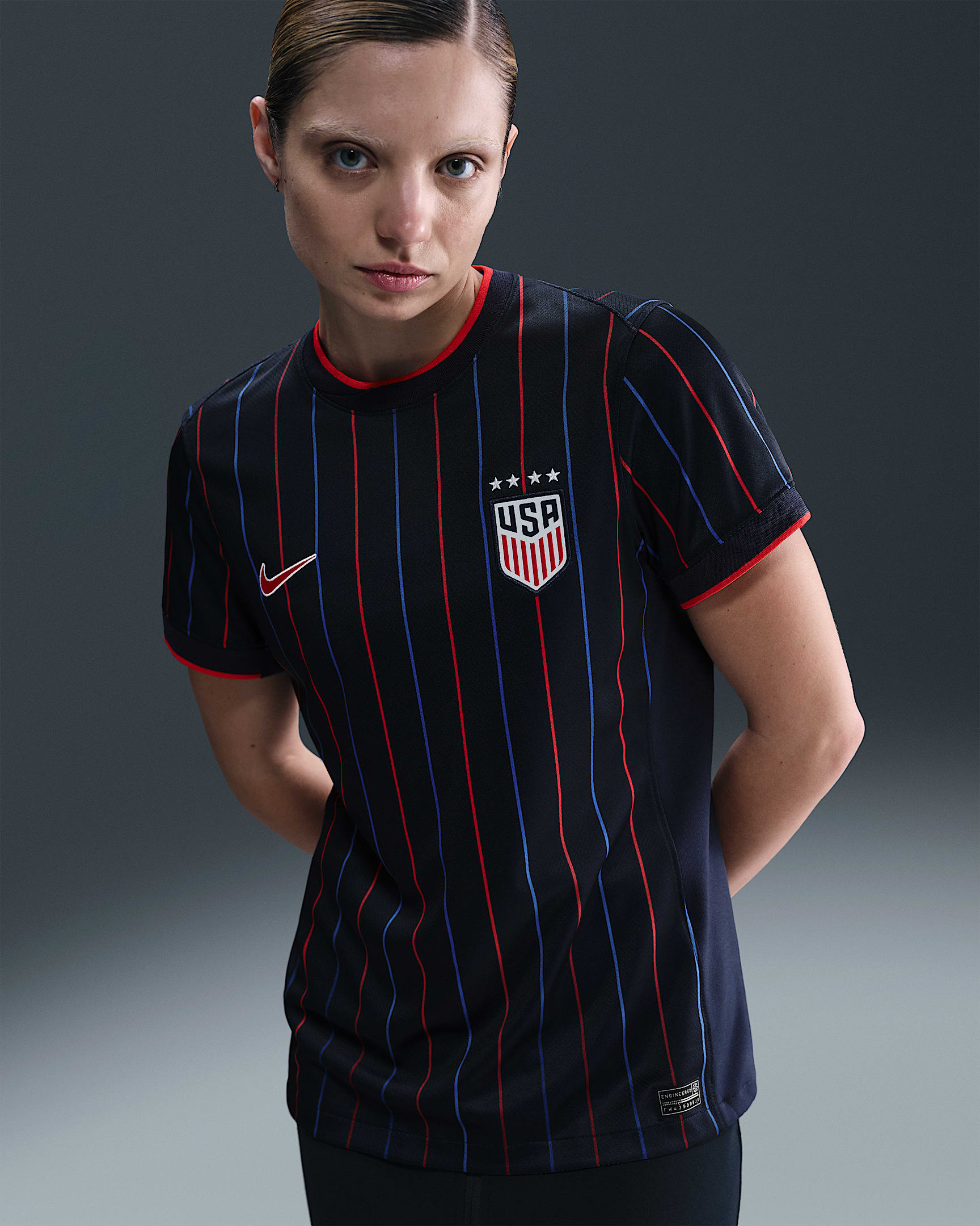 Jersey de fútbol Nike Dri-FIT Replica para mujer USWNT visitante 2025 Stadium (equipo femenino) - Obsidiana/Rojo reto/Rojo reto