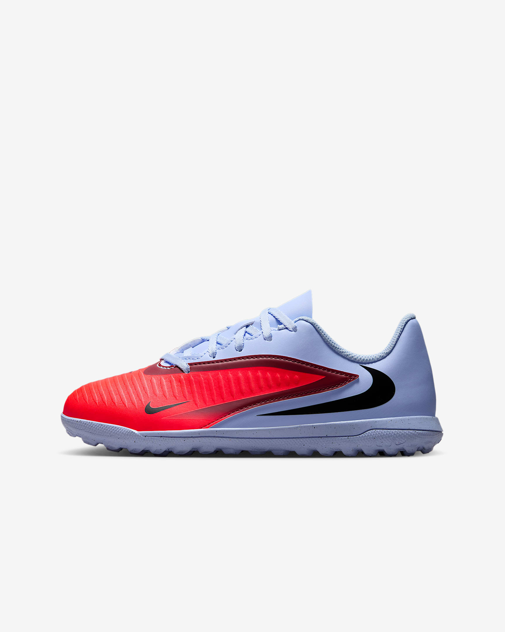 Tacos de fútbol para pasto sintético (turf) para niños grandes Nike Jr. Phantom 6 Low Club - Tinte royal/Negro/Carmesí brillante