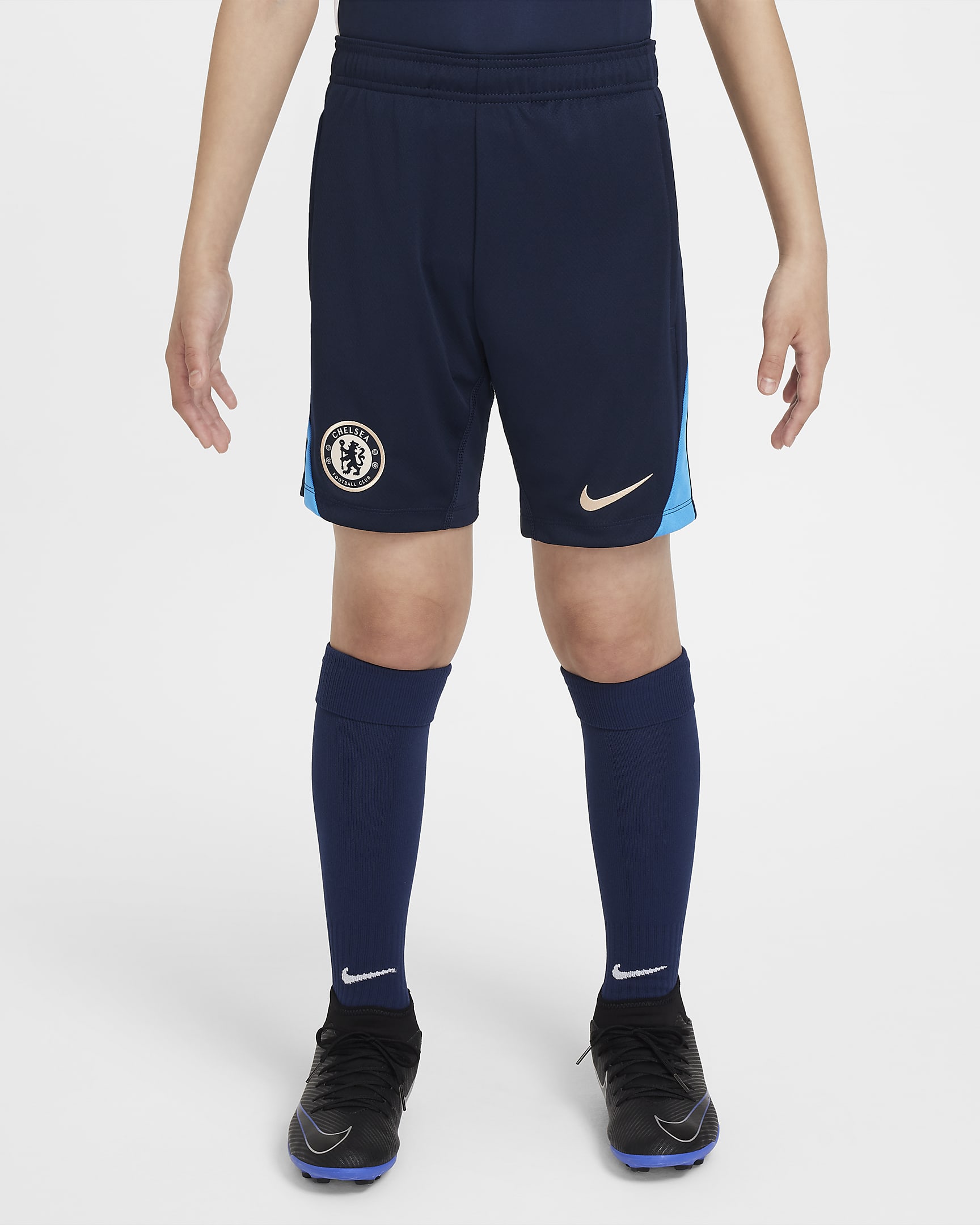 Chelsea FC Strike Nike Dri-FIT strikket fotballshorts til store barn - Obsidian/Light Photo Blue/Guava Ice