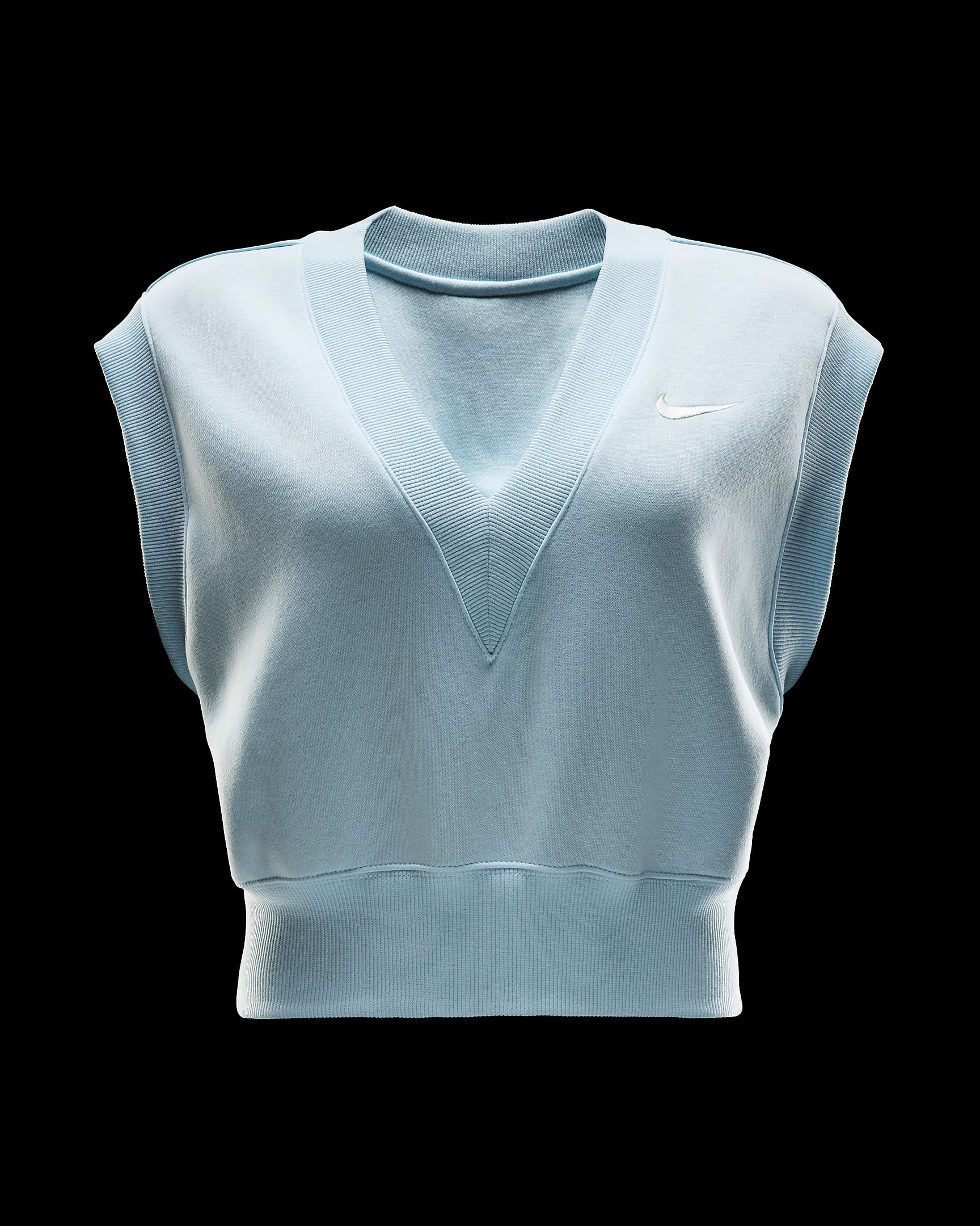 Playera sin mangas cropped con cuello en V holgada para mujer Nike Sportswear Phoenix Fleece - Azul glacial/Vela