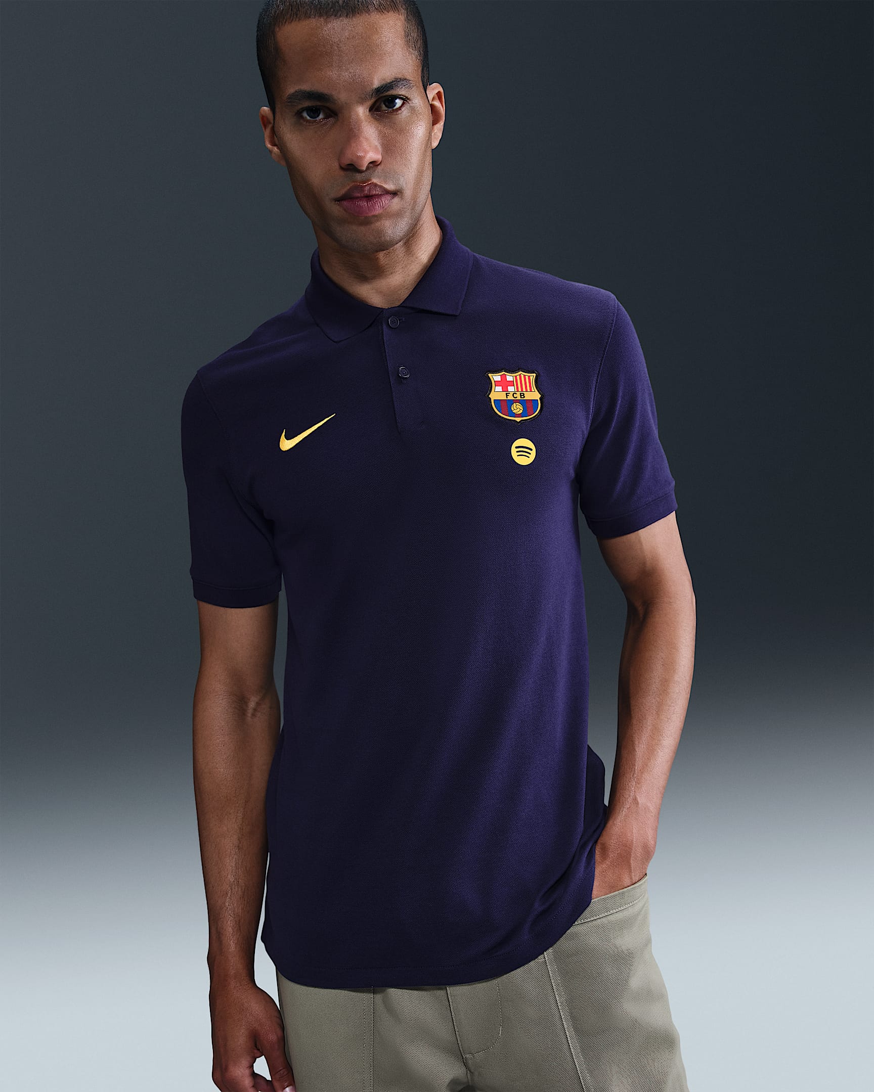 Męska koszulka piłkarska polo Nike Dri-FIT FC Barcelona The Nike Polo - Imperial Purple/Imperial Purple/Midwest Gold