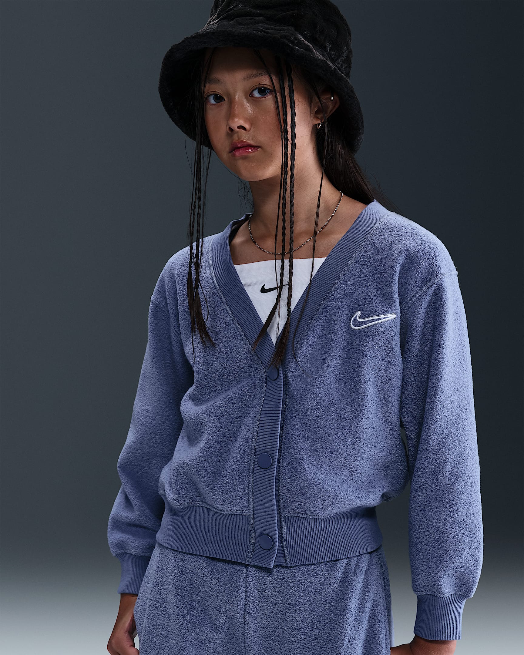 Nike Sportswear Big Kids' (Girls') Long-Sleeve Fleece Top - World Indigo/White