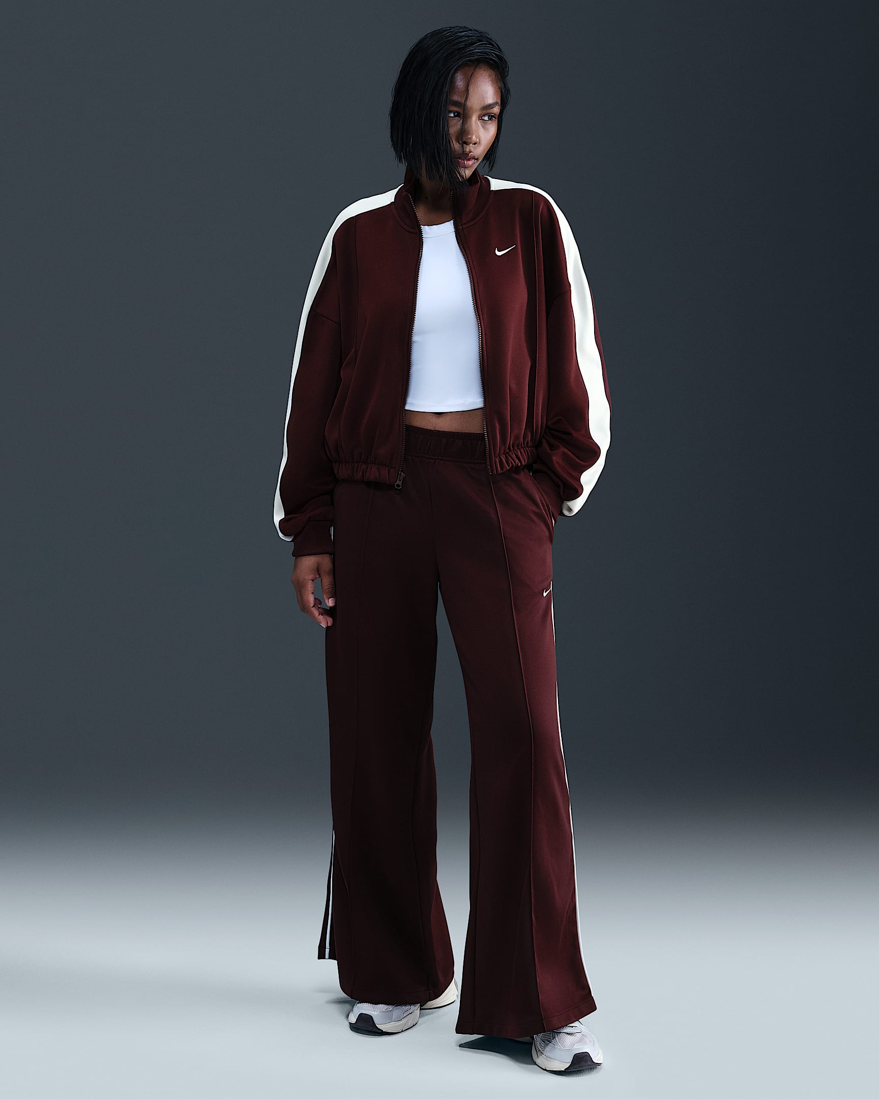 Nike Sportswear Women's Mid-Rise Wide-Leg Track Pants - Burgundy Crush/Sail/Sail