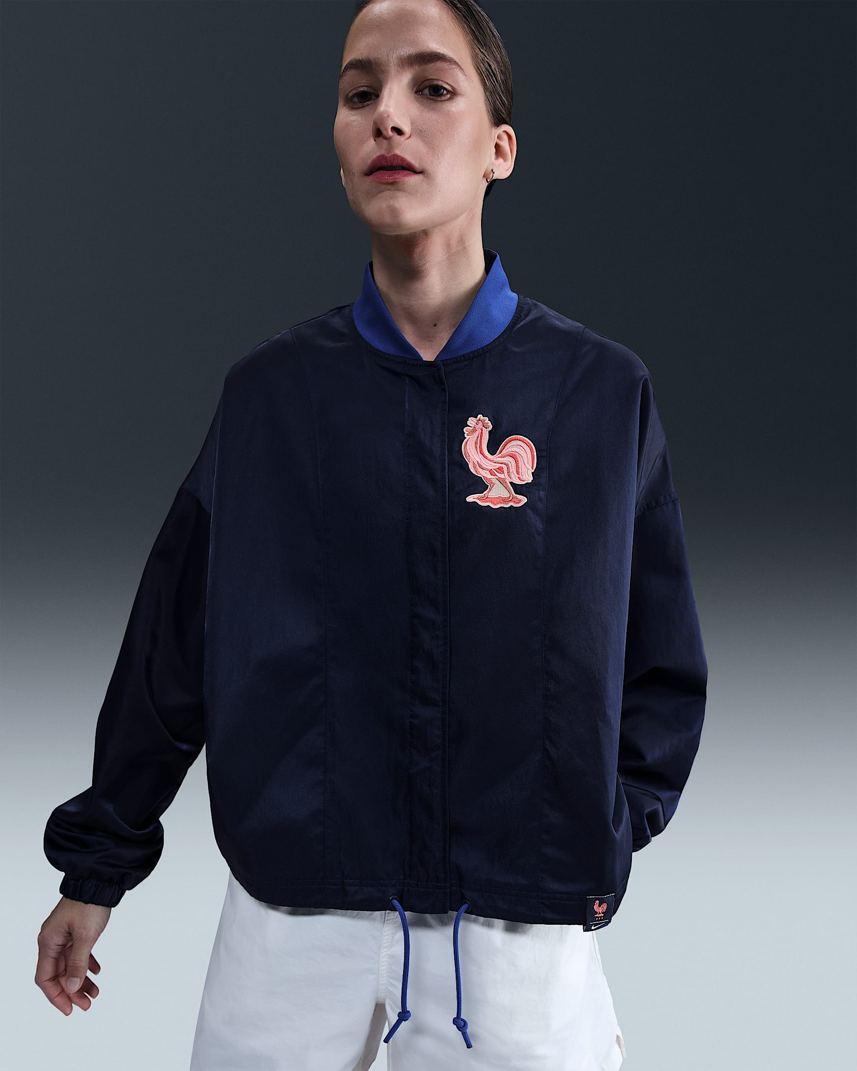 FFF Women's Nike Air Oversized Woven Bomber Jacket - Blue Void/Bright Blue/Bleached Coral