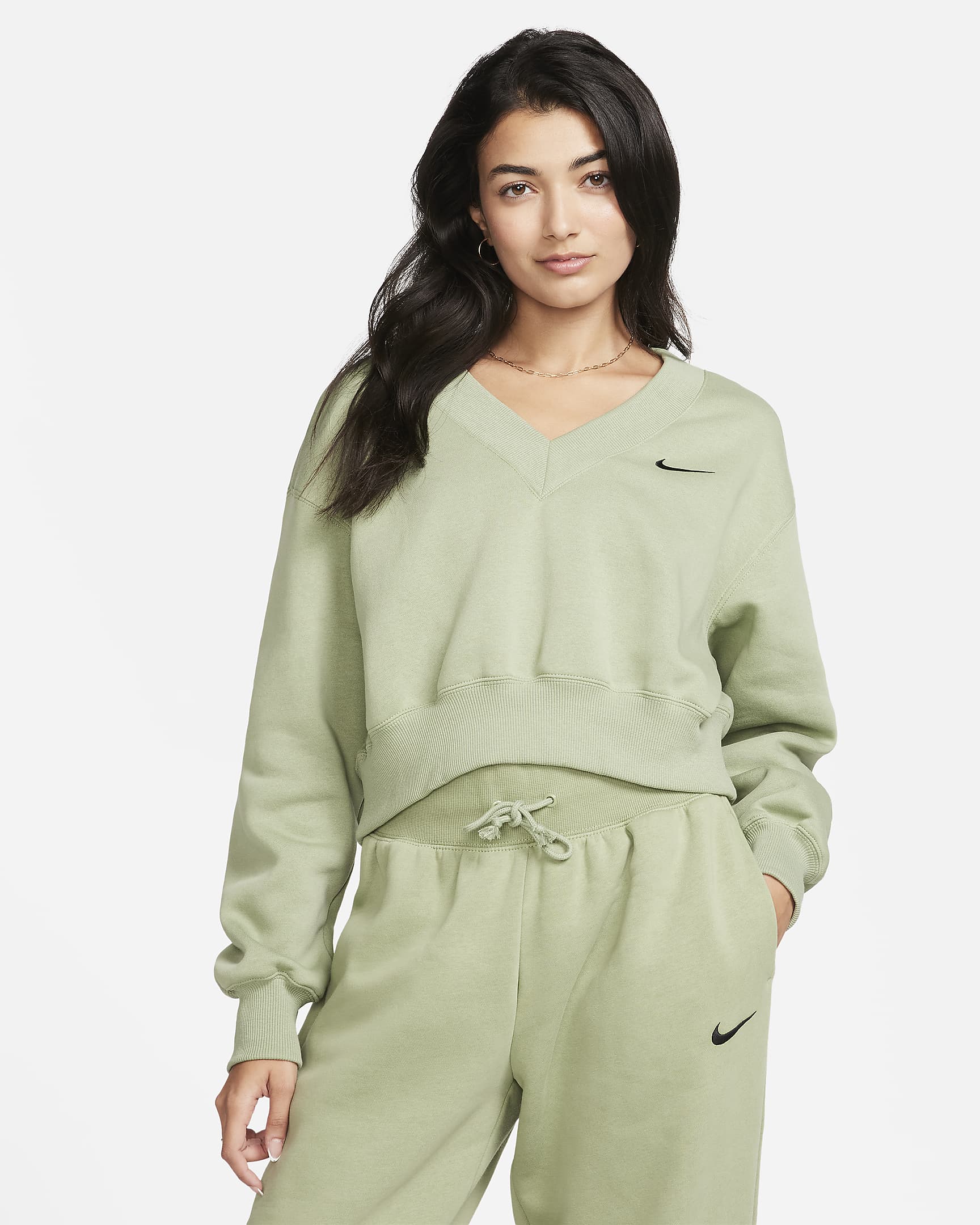 Nike Sportswear Phoenix Fleece Women's Cropped V-Neck Top - Oil Green/Black