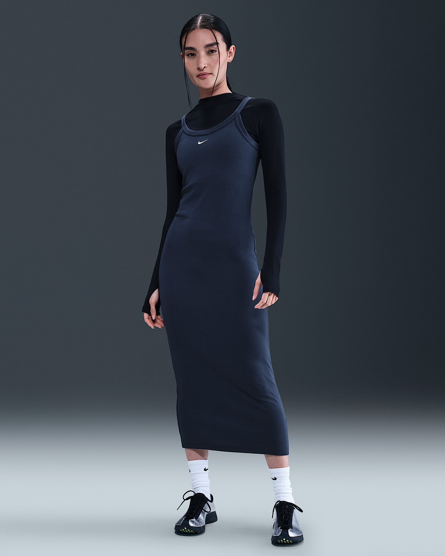 Nike Sportswear Chill Knit strakke tanktopjurk met mini-ribbels - Midnight Navy/Sail