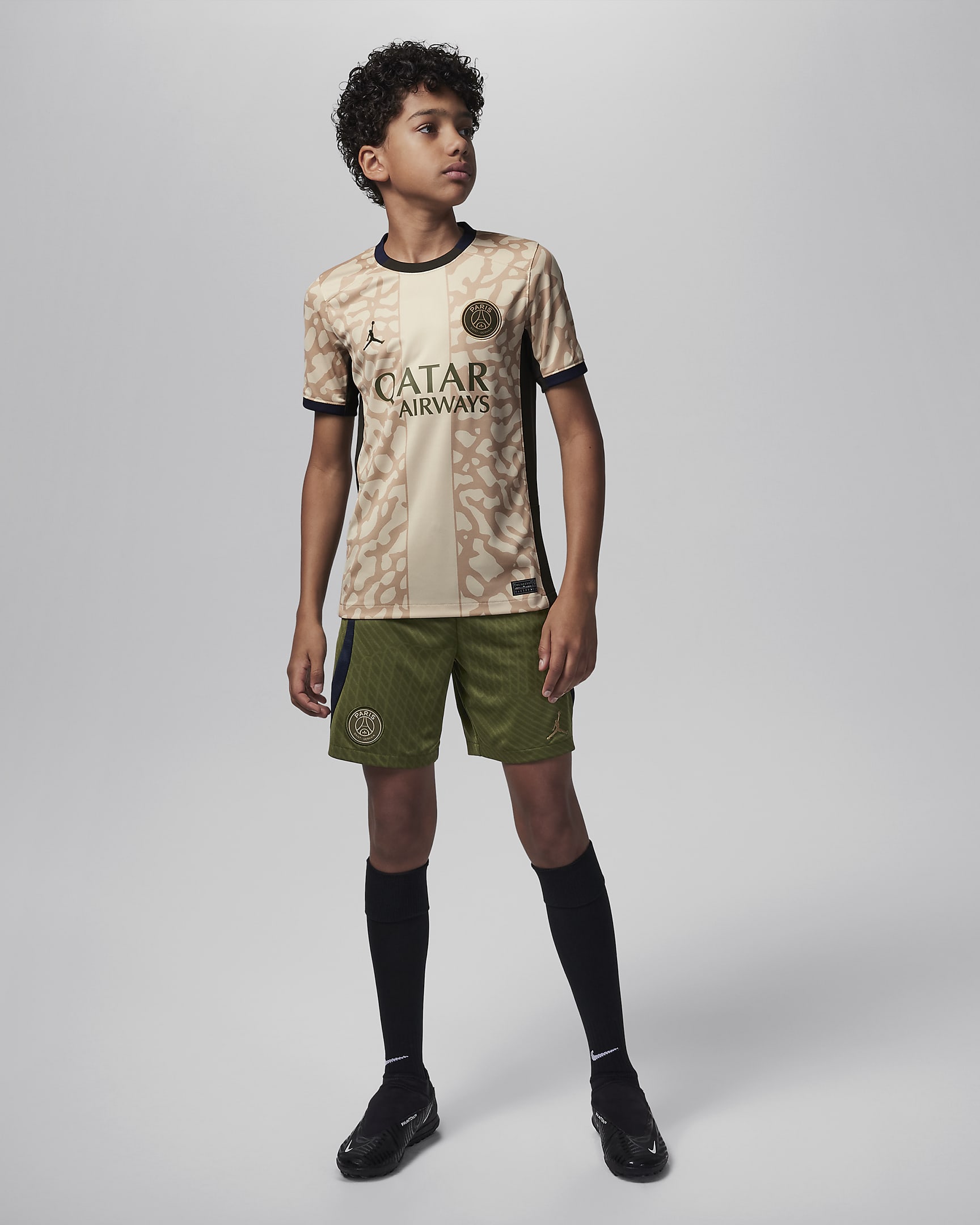 Paris Saint-Germain 2023/24 Stadium Fourth Big Kids' Jordan Dri-FIT Soccer Replica Jersey - Hemp/Obsidian/Sequoia/Rough Green