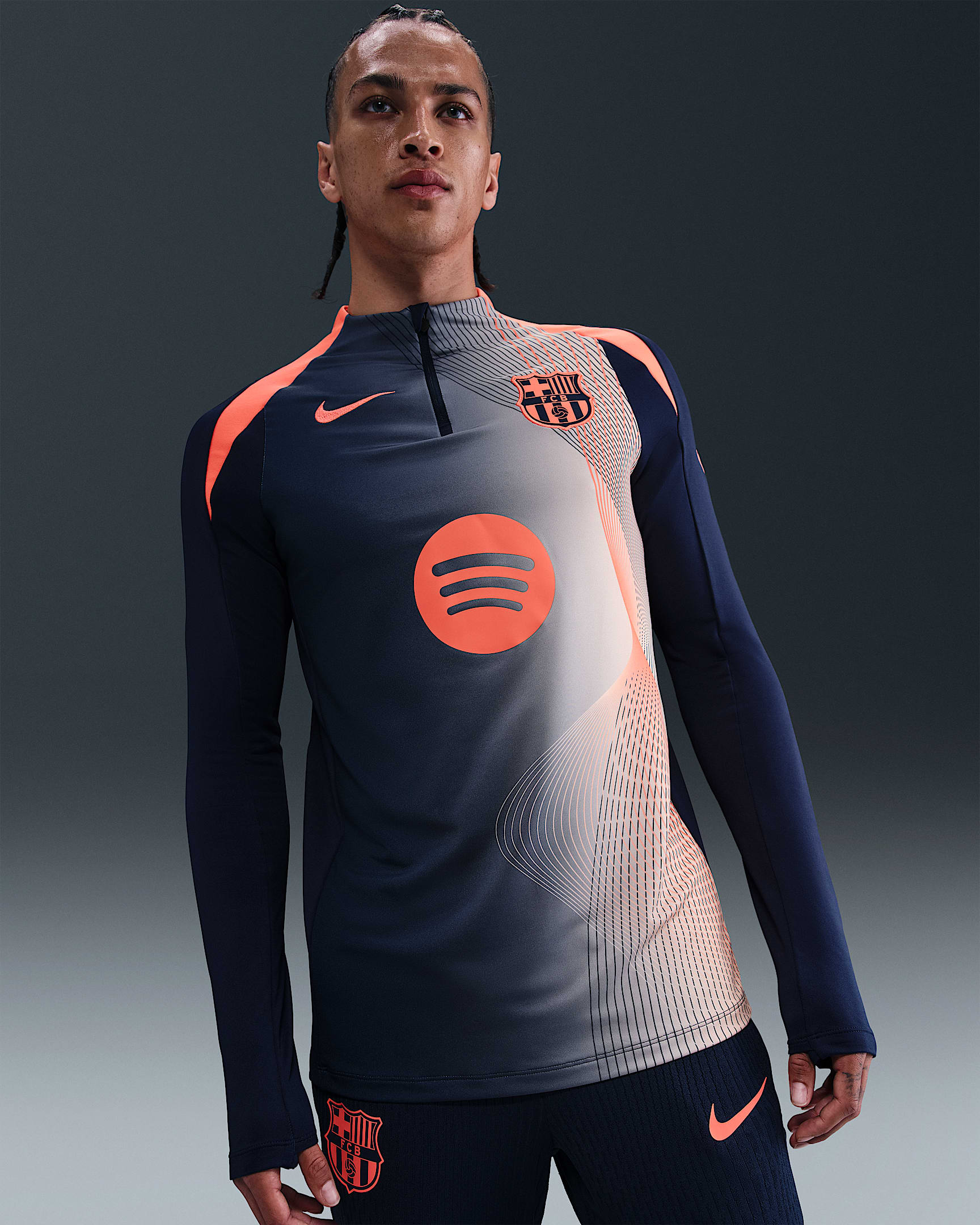 F.C. Barcelona Strike Third Men's Nike Dri-FIT Total 90 Football Pre-Match Drill Top - Midnight Navy/Bright Mango