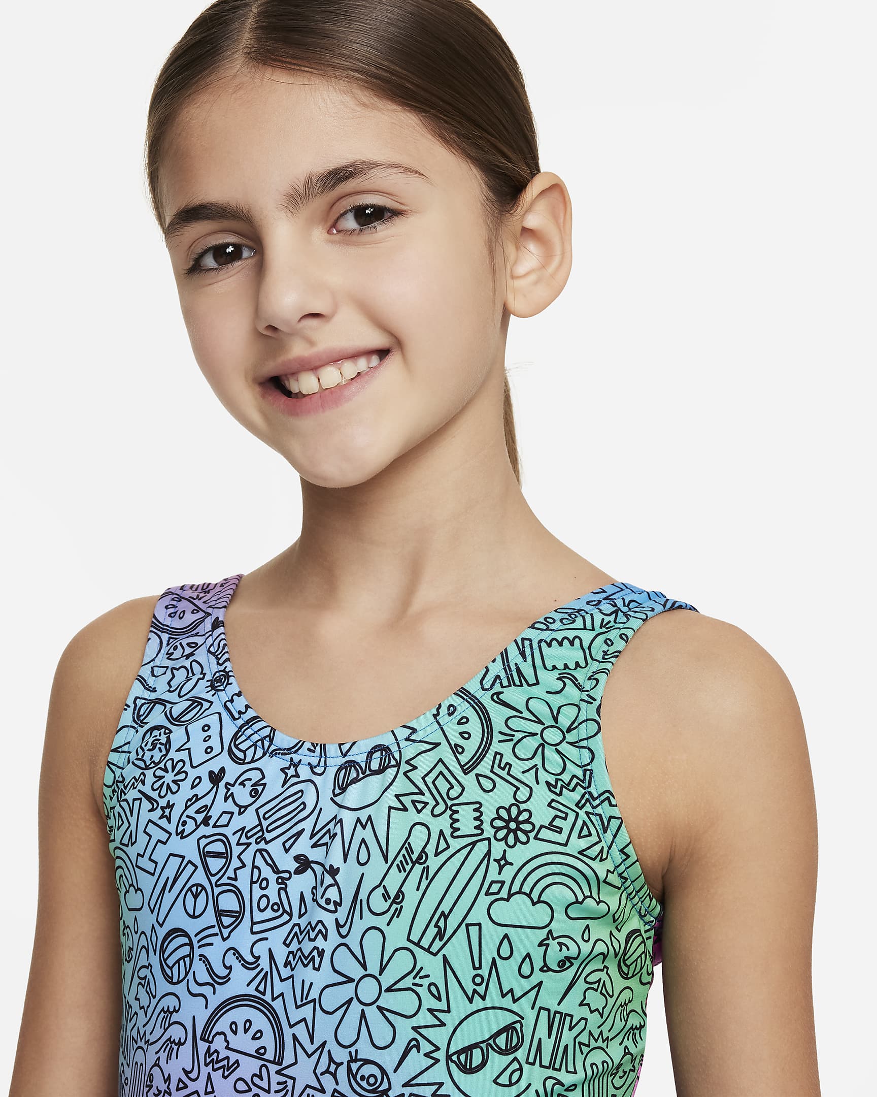 Traje de baño de una pieza con diseño de espalda en U para niñas talla grande Nike Swim Doodle - Verde impacto