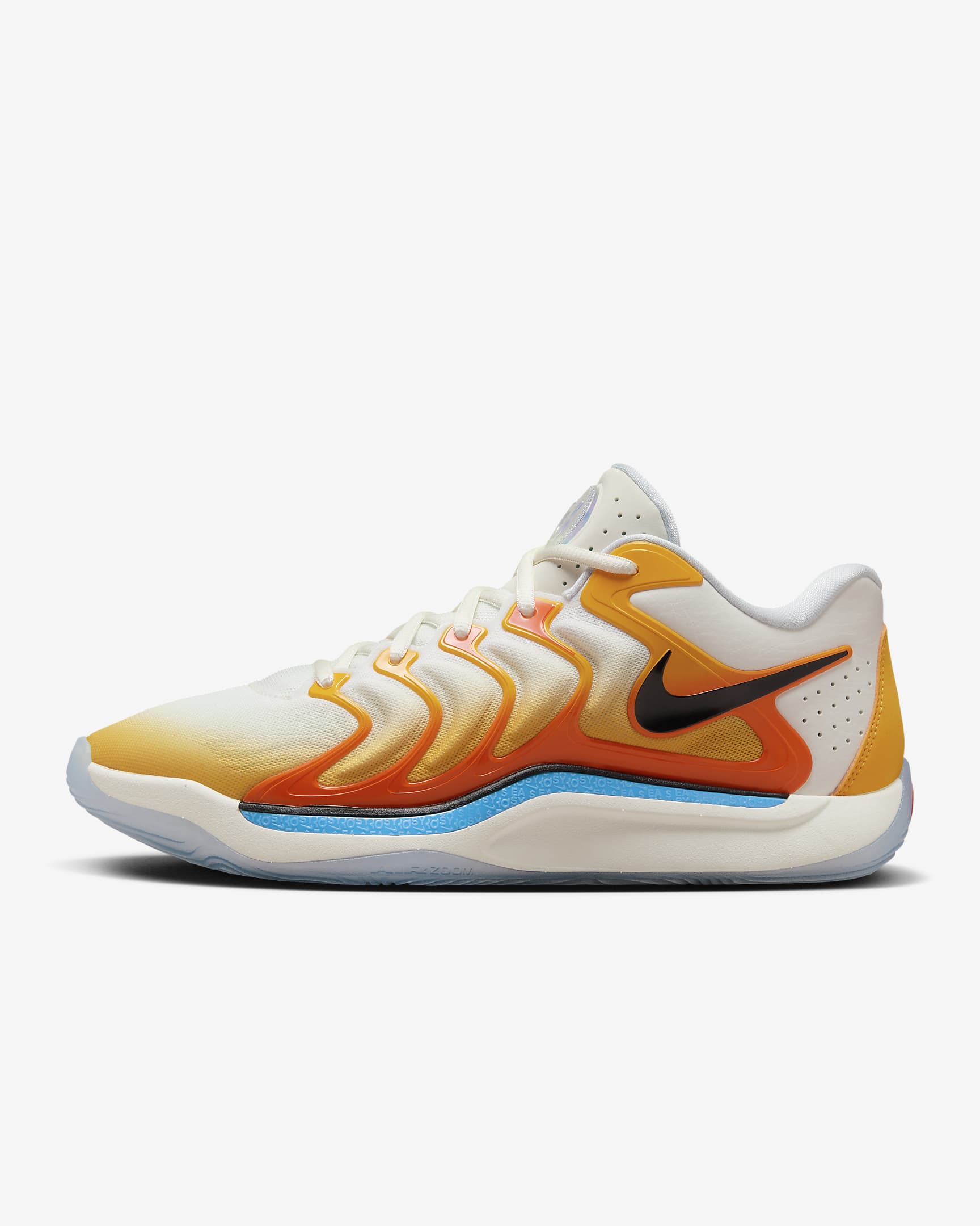 Tenis de básquetbol KD17 "Sunrise" - Oro universitario/Naranja seguridad/Azul universitario/Negro