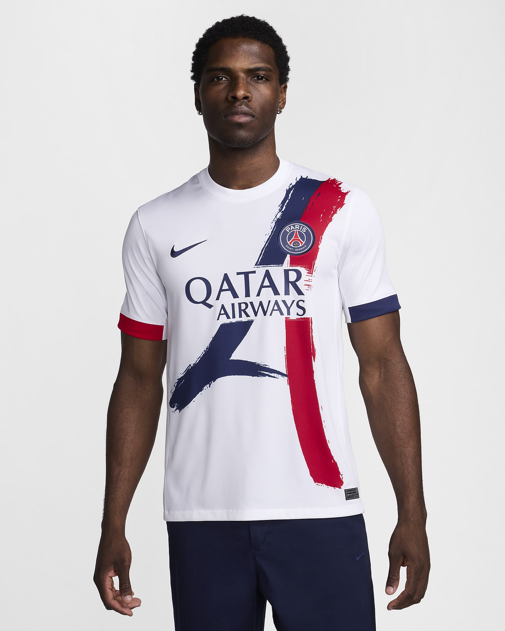 Jersey de fútbol Nike Dri-FIT Replica del Paris Saint-Germain visitante Stadium 2024/25 para hombre - Blanco/Azul marino medianoche/Rojo universitario/Azul marino medianoche