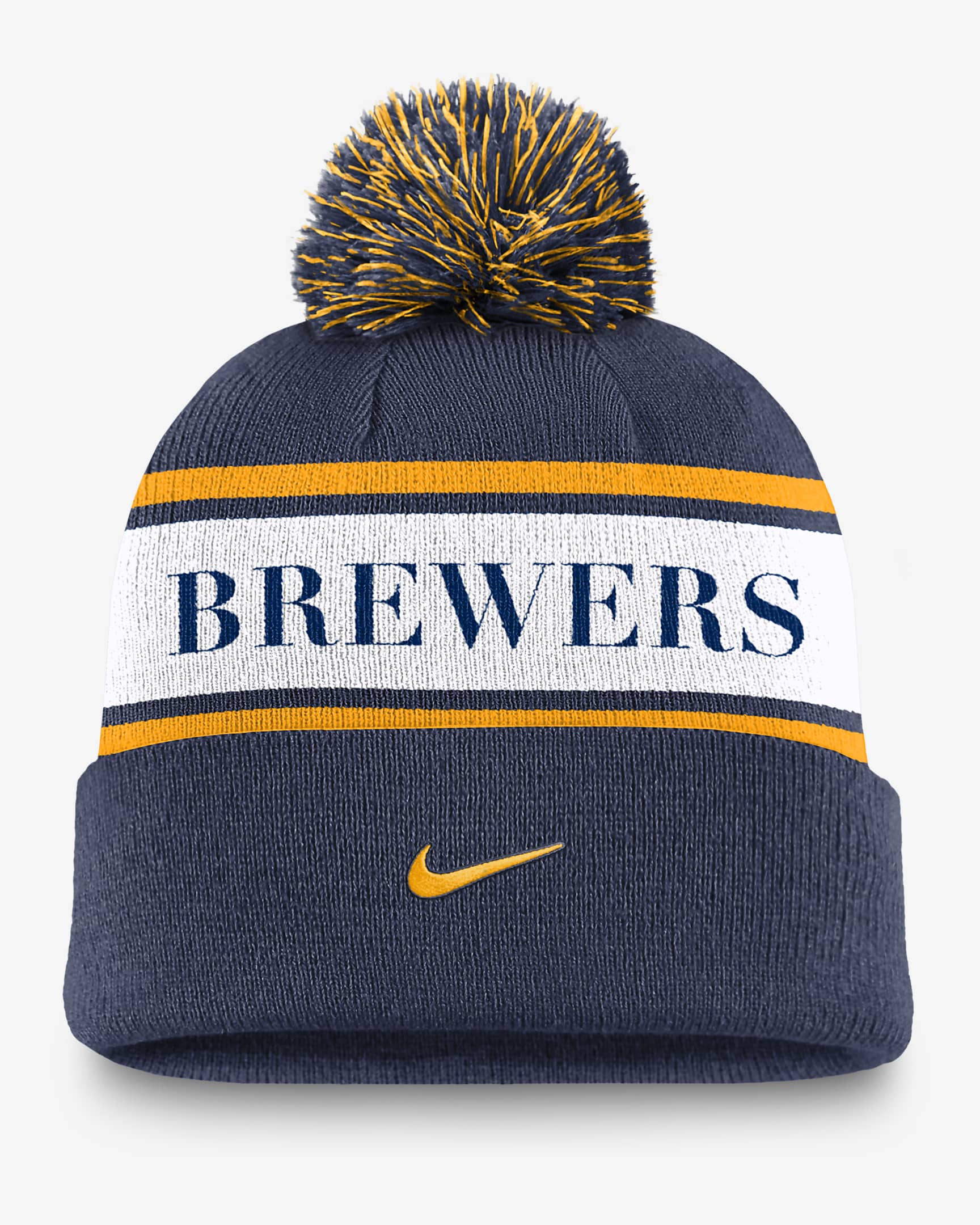 Milwaukee Brewers Team Stripe Peak Men's Nike MLB Cuffed Pom Beanie