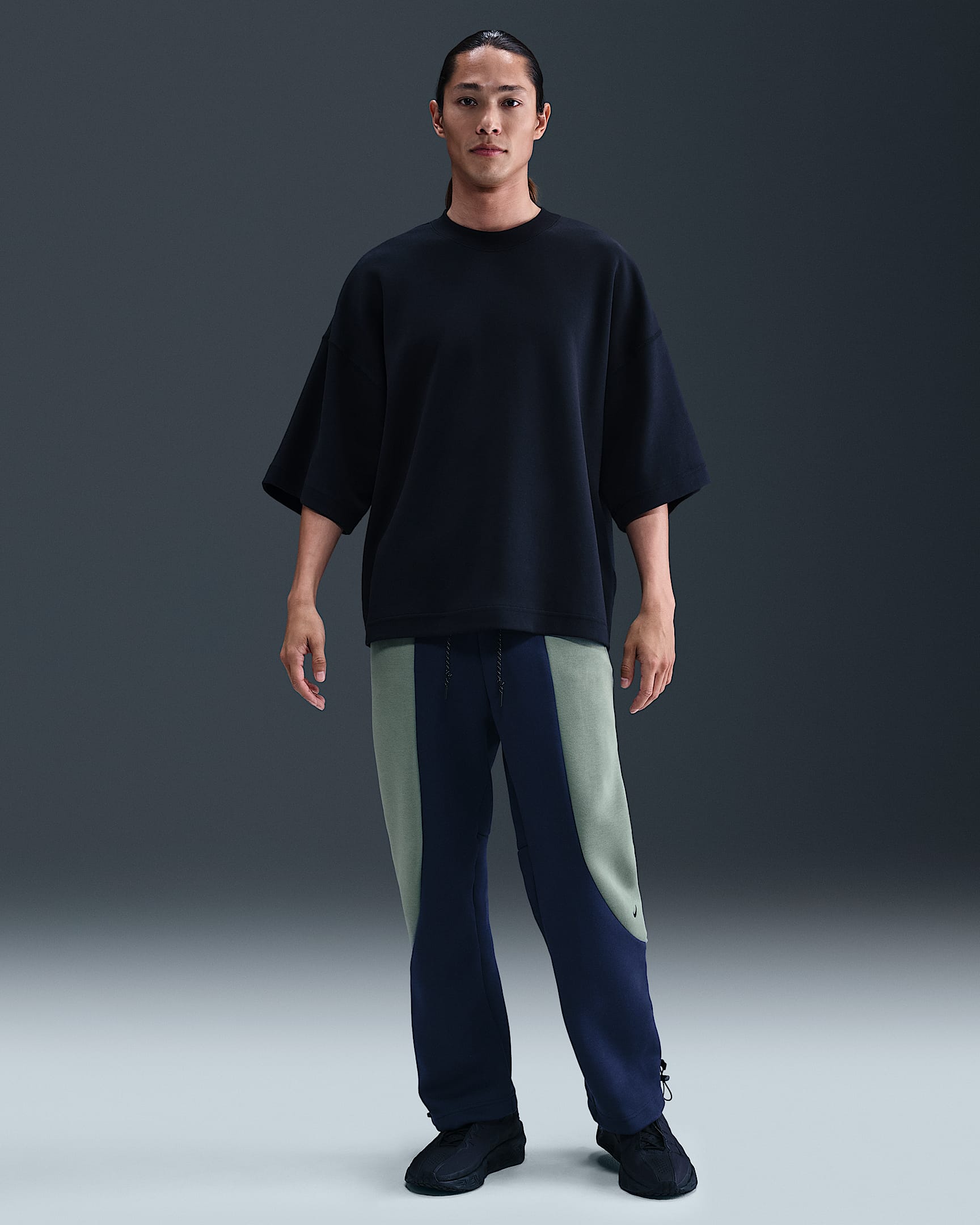 Nike Tech Men's Colour-Block Open-Hem Fleece Trousers - Obsidian/Clay Green/Black