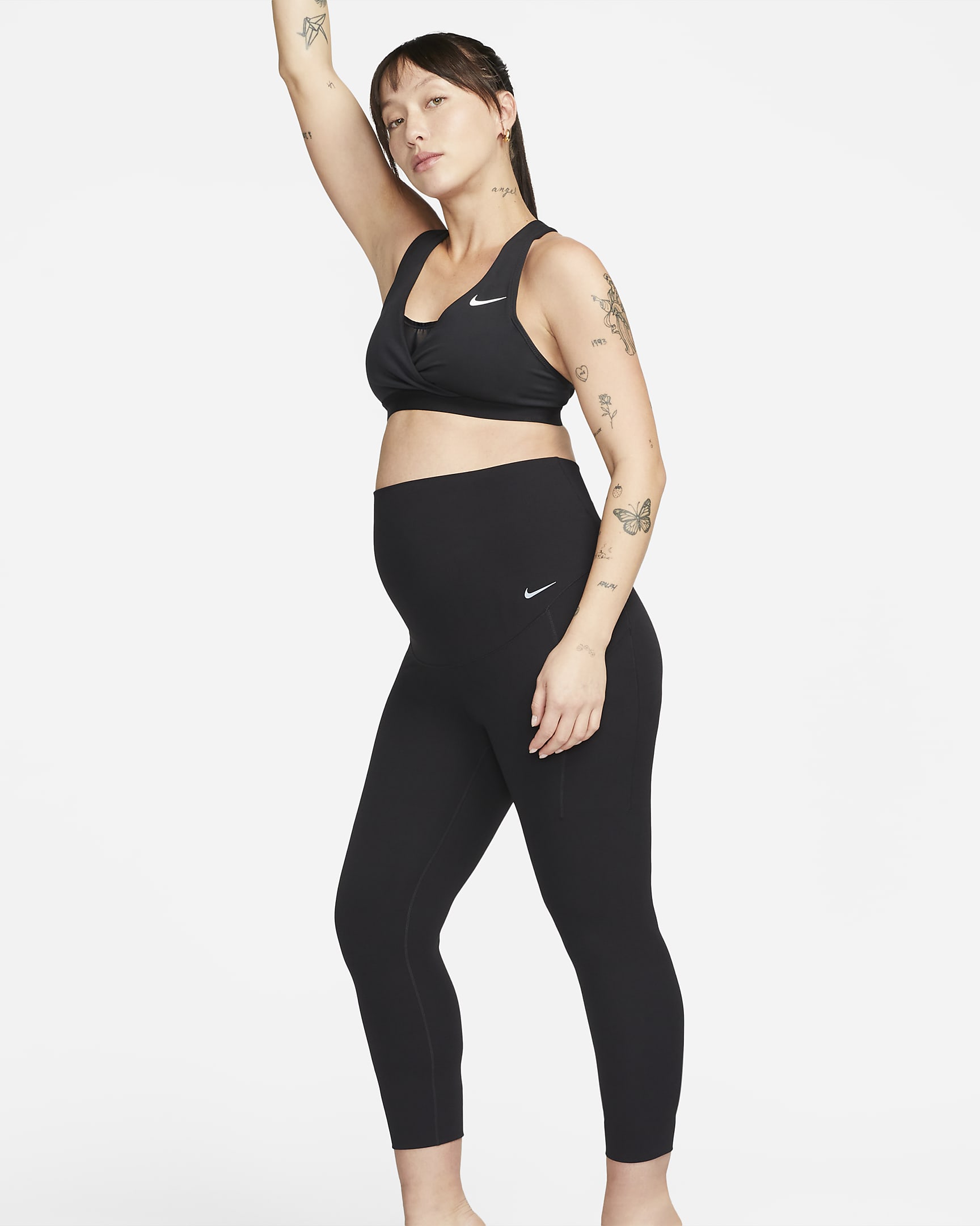 Nike Zenvy (M) enyhe tartást adó, 7/8-os, magas derekú, női zsebes leggings (kismamáknak) - Fekete