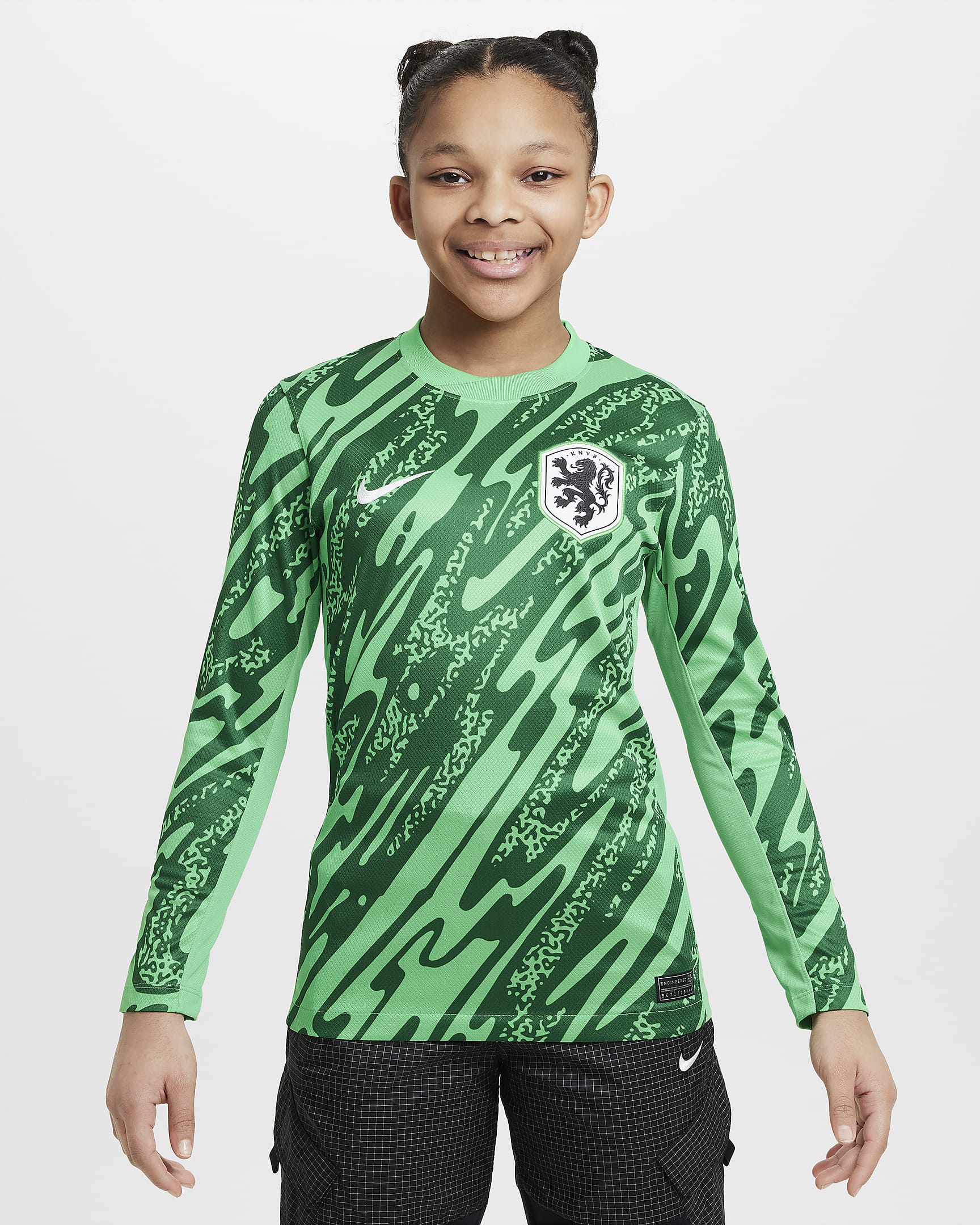 Nederland 2024/25 Stadium Nike Dri-FIT Replica fotballdrakt til store barn (herrelaget, keeperdrakt) - Green Spark/Pine Green/Hvit