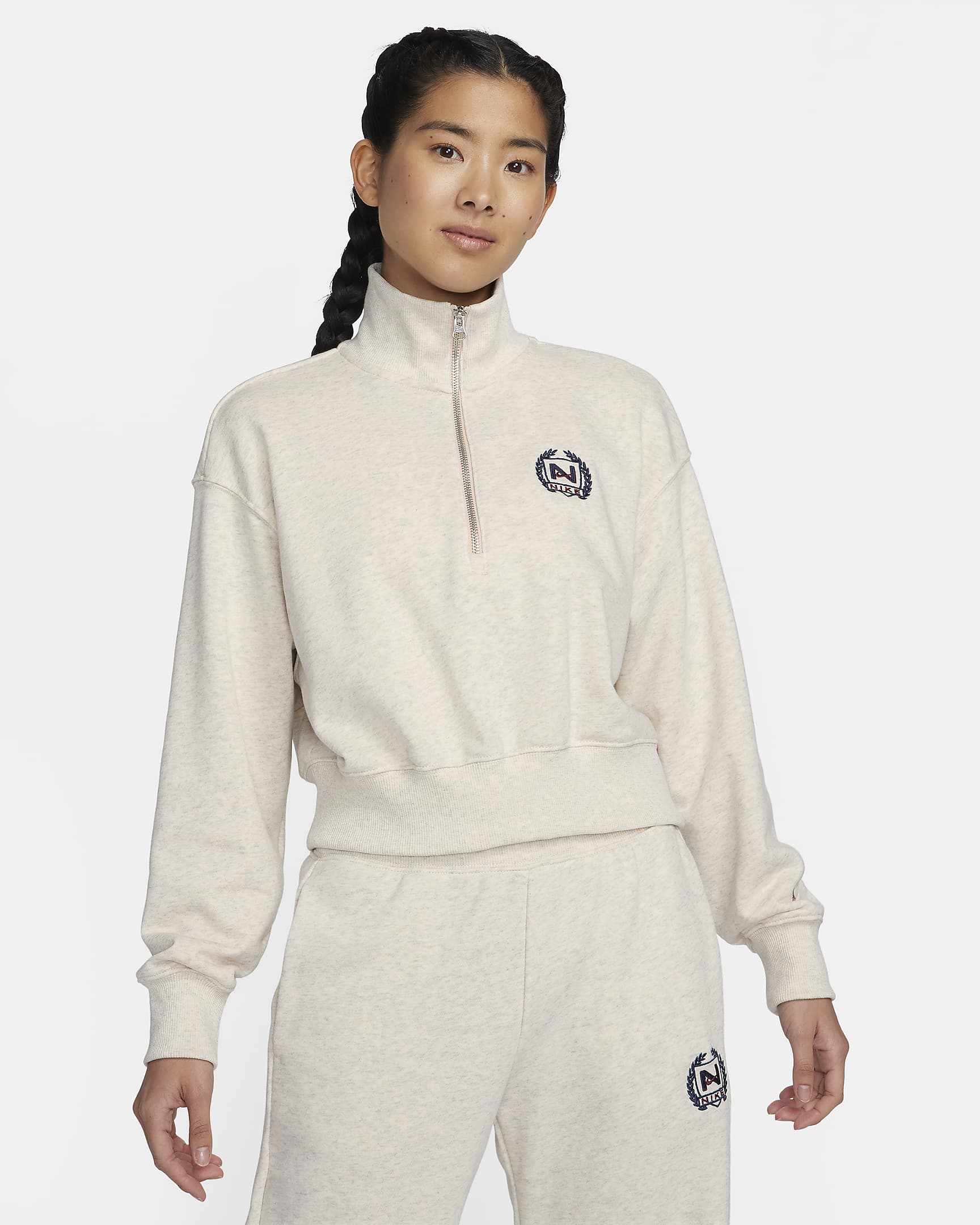 Nike Sportswear Women's Oversized 1/2-Zip Crop Fleece Sweatshirt - Oatmeal Heather/Oatmeal