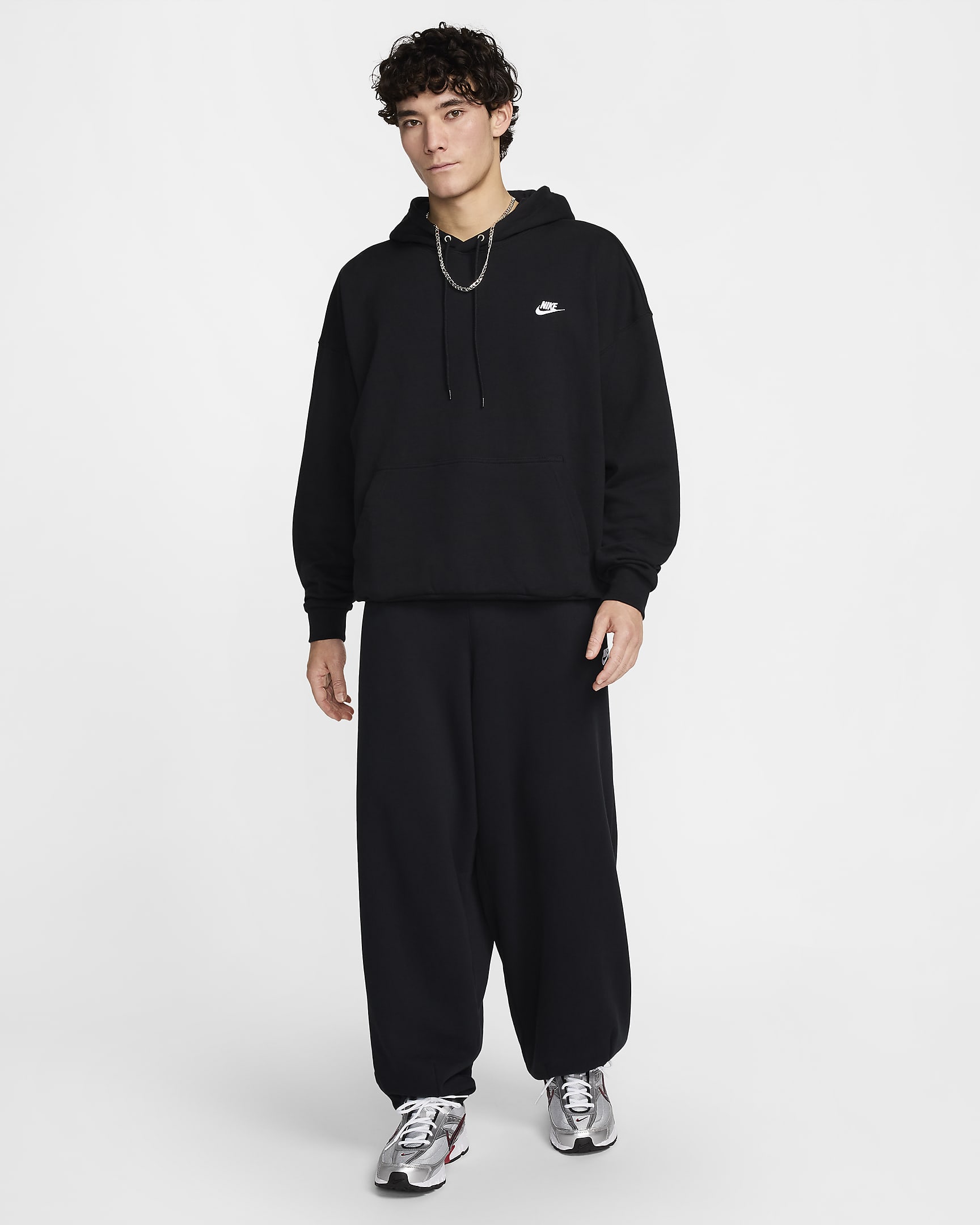 Nike Club Fleece Men's Oversized French Terry Pullover Hoodie - Black/Black/White