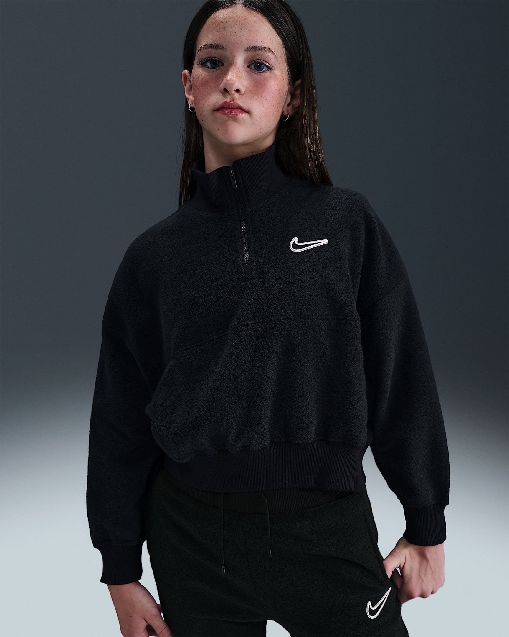 Nike Sportswear Big Kids' (Girls') Long-Sleeve Fleece Top - Black/White