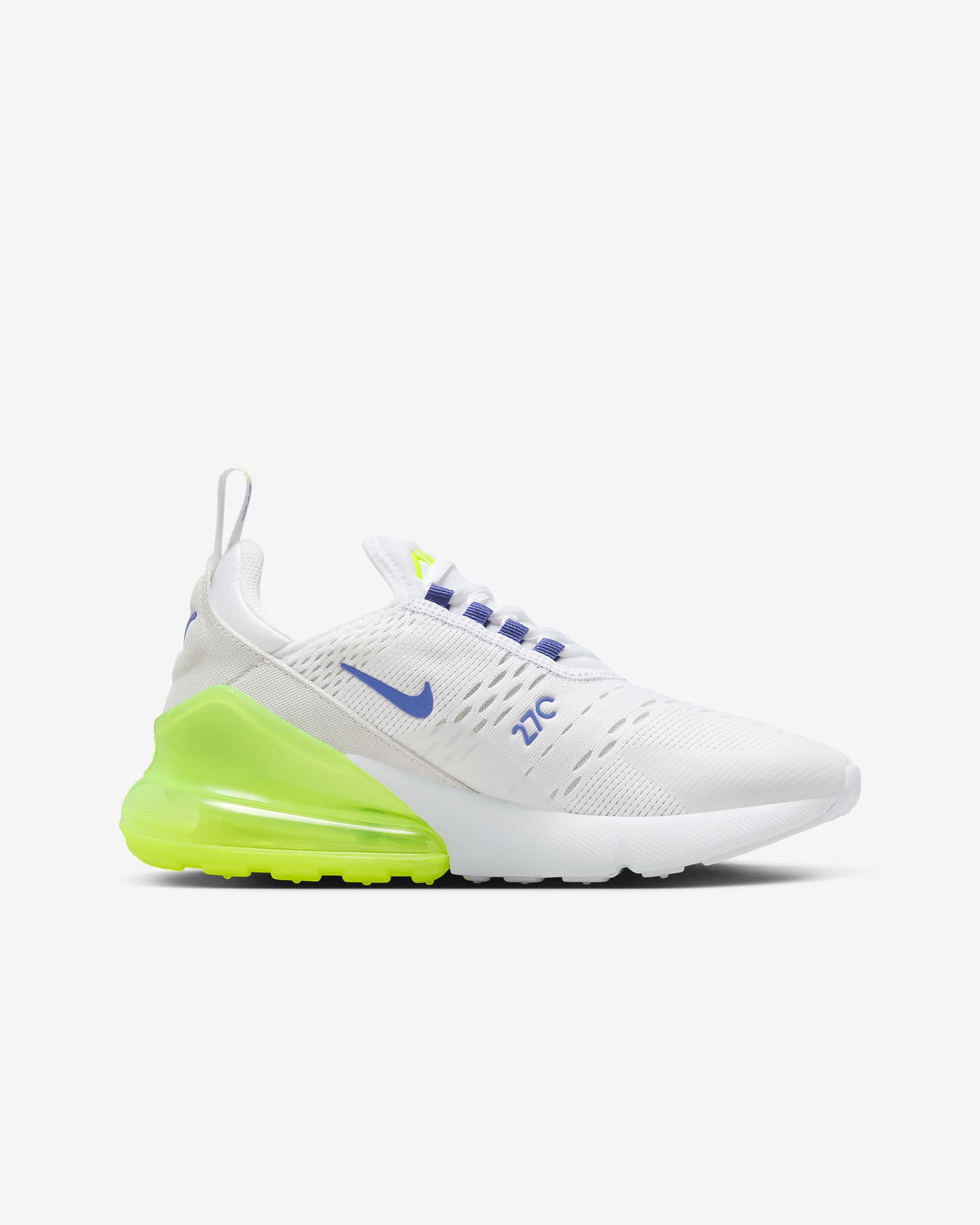 Tenis para niños grandes Nike Air Max 270 - Blanco/Volt/Polvo fotón/Azul astronómico