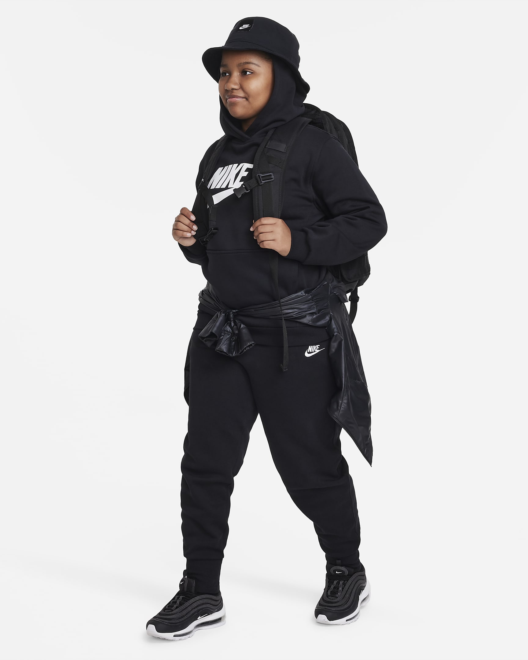 Nike Sportswear Club Fleece Older Kids' (Girls') High-Waisted Fitted Trousers (Extended Size) - Black/Black/White