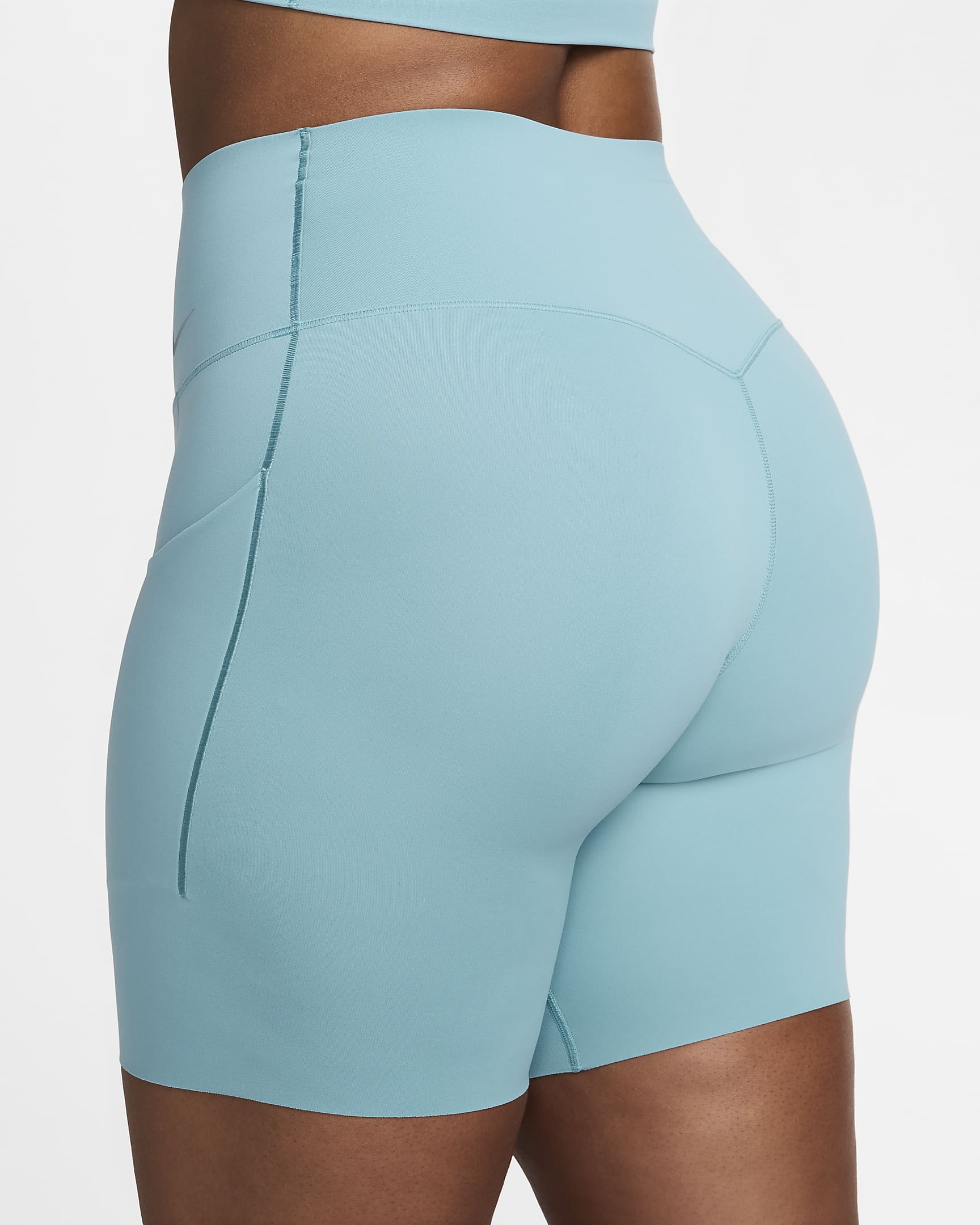 Shorts de ciclismo con bolsillos de 20 cm de tiro alto y media sujeción para mujer Nike Universa - Denim turquesa/Negro