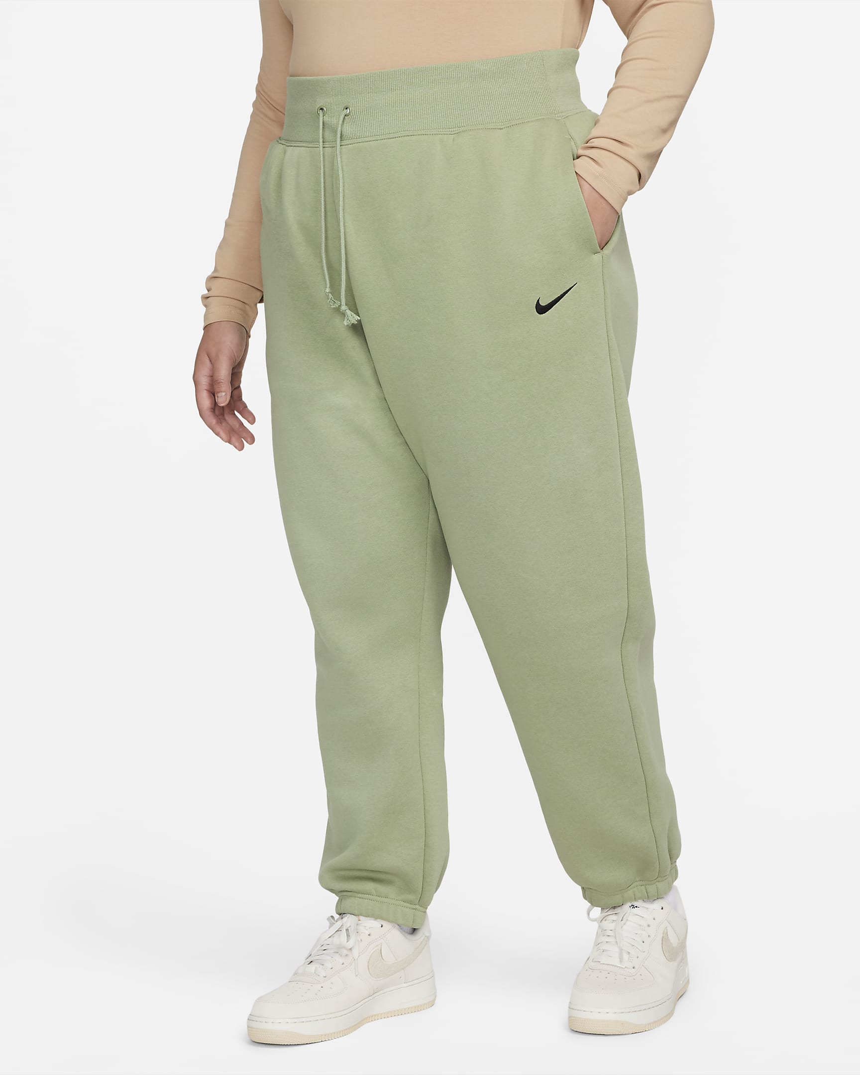 Nike Sportswear Phoenix Fleece Women's High-Waisted Oversized Tracksuit Bottoms (Plus Size) - Oil Green/Black