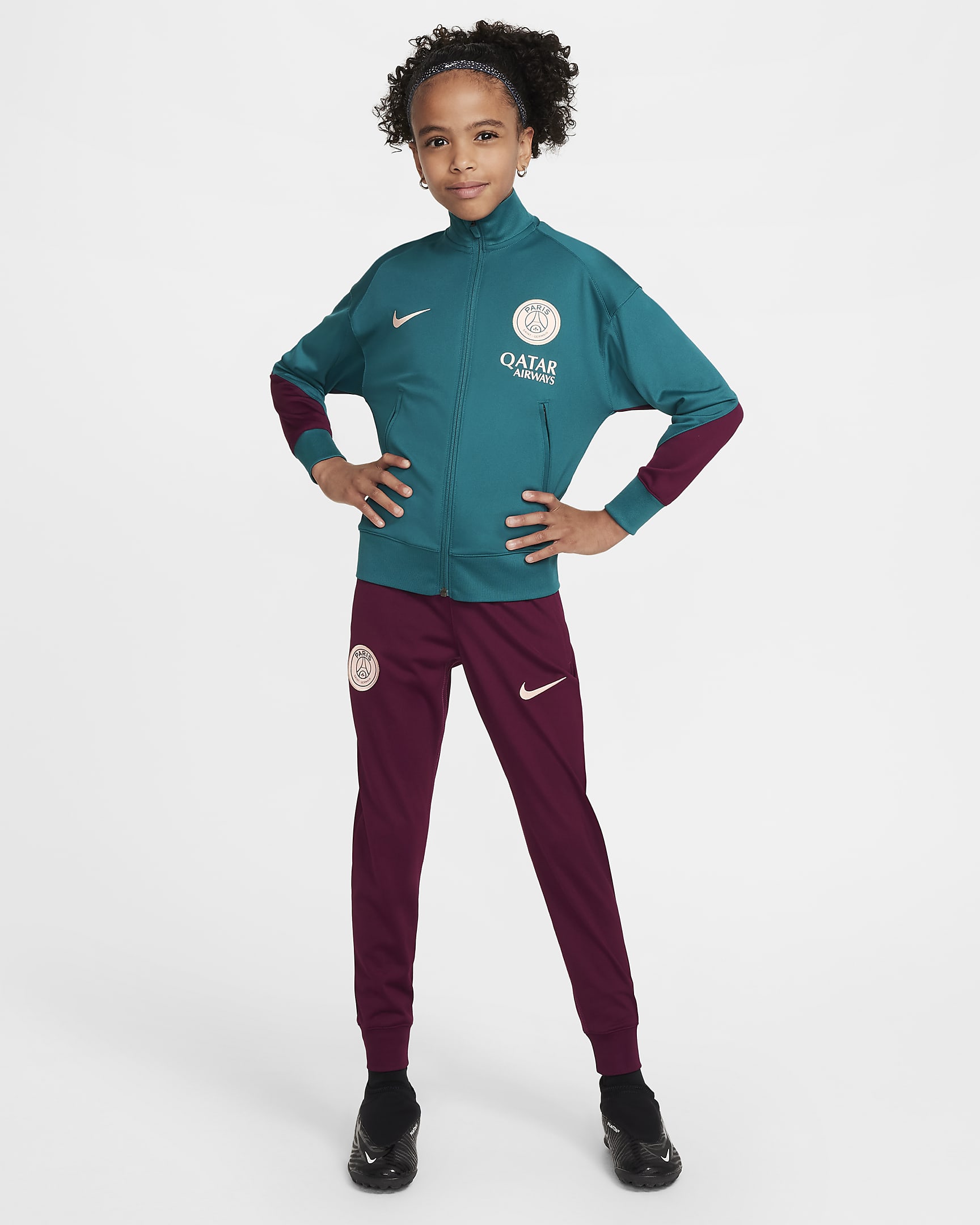 Maskinstrikket Paris Saint-Germain Strike Nike Dri-FIT-fodboldtracksuit til større børn - Geode Teal/Bordeaux/Guava Ice