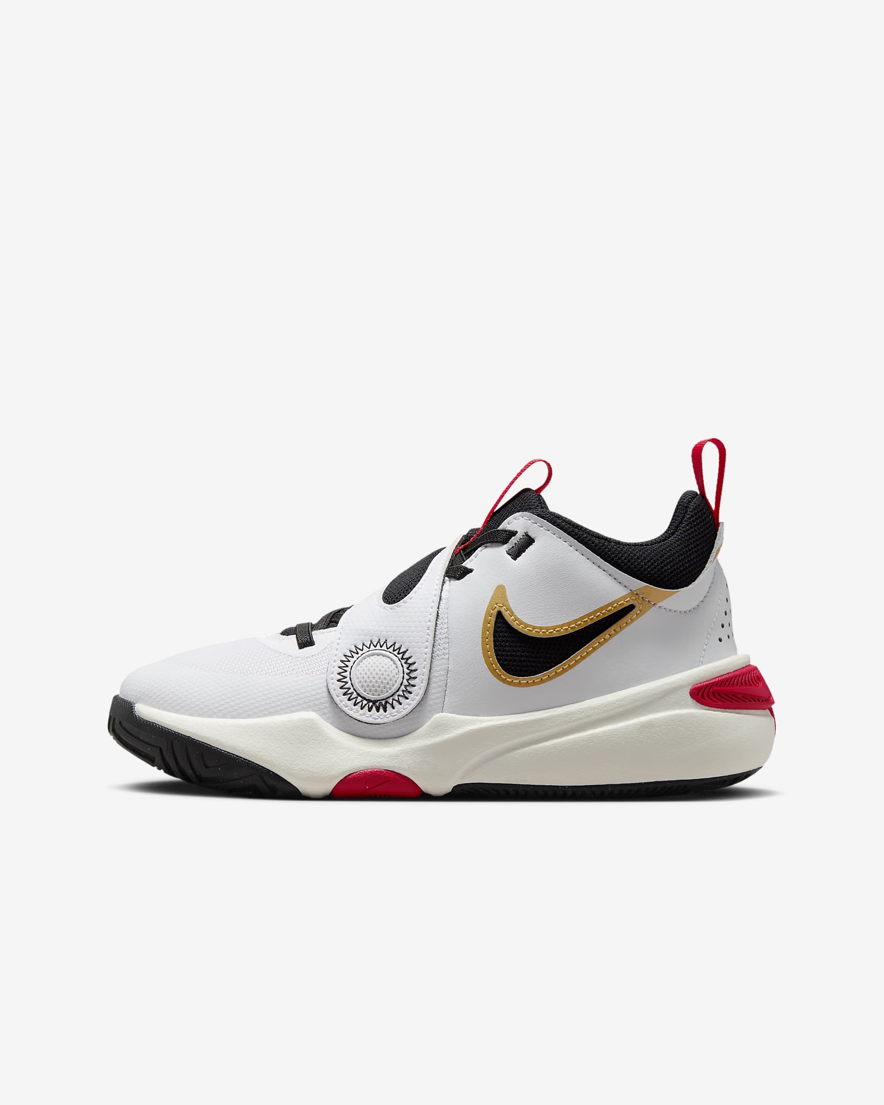 Scarpa da basket Nike Team Hustle D 11 – Ragazzo/a - Bianco/Oro metallizzato/University Red/Nero