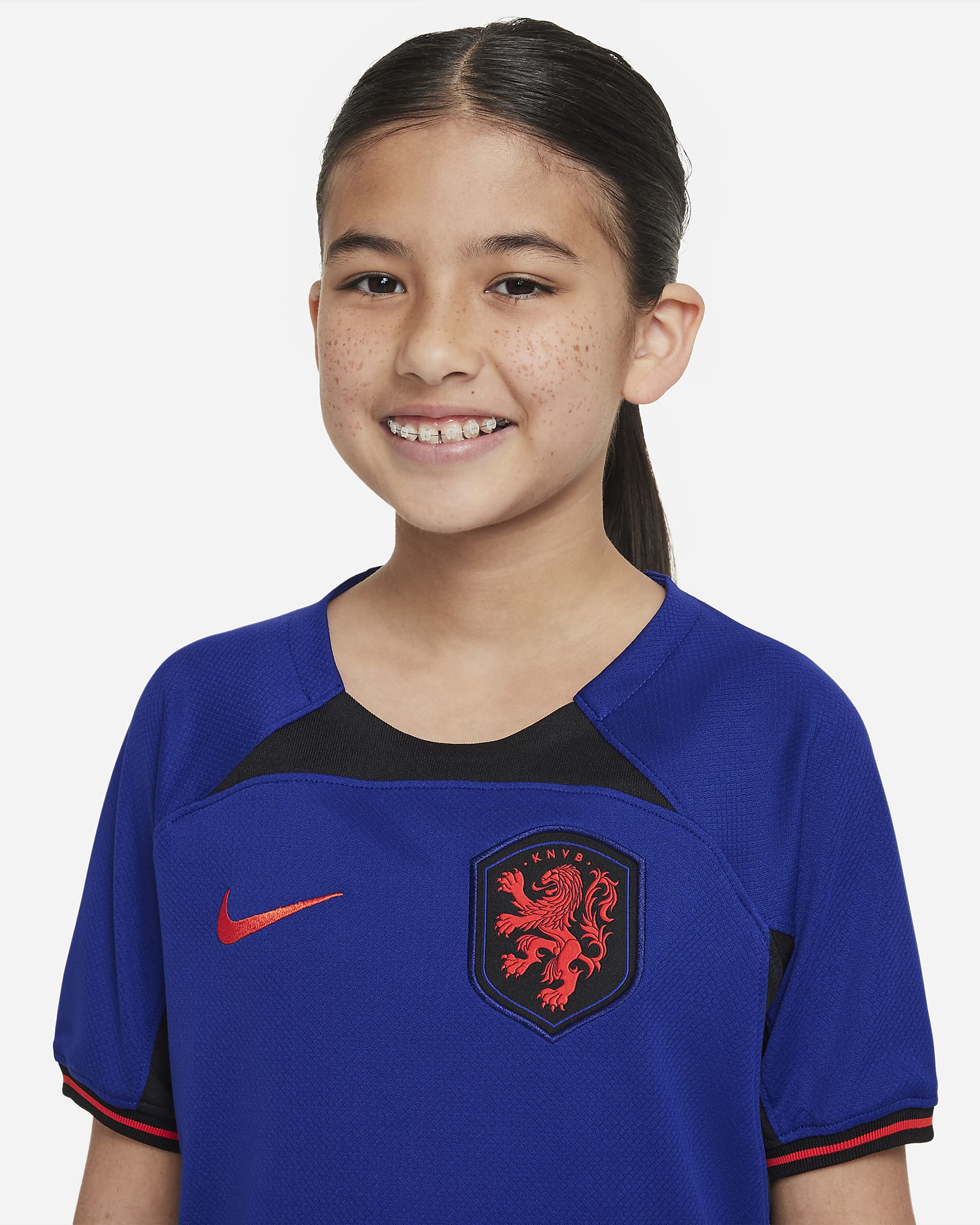 Jersey de fútbol Nike Dri-FIT de Países Bajos visitante 2022/23 Stadium para niños talla grande - Azul royal intenso/Negro/Rojo habanero