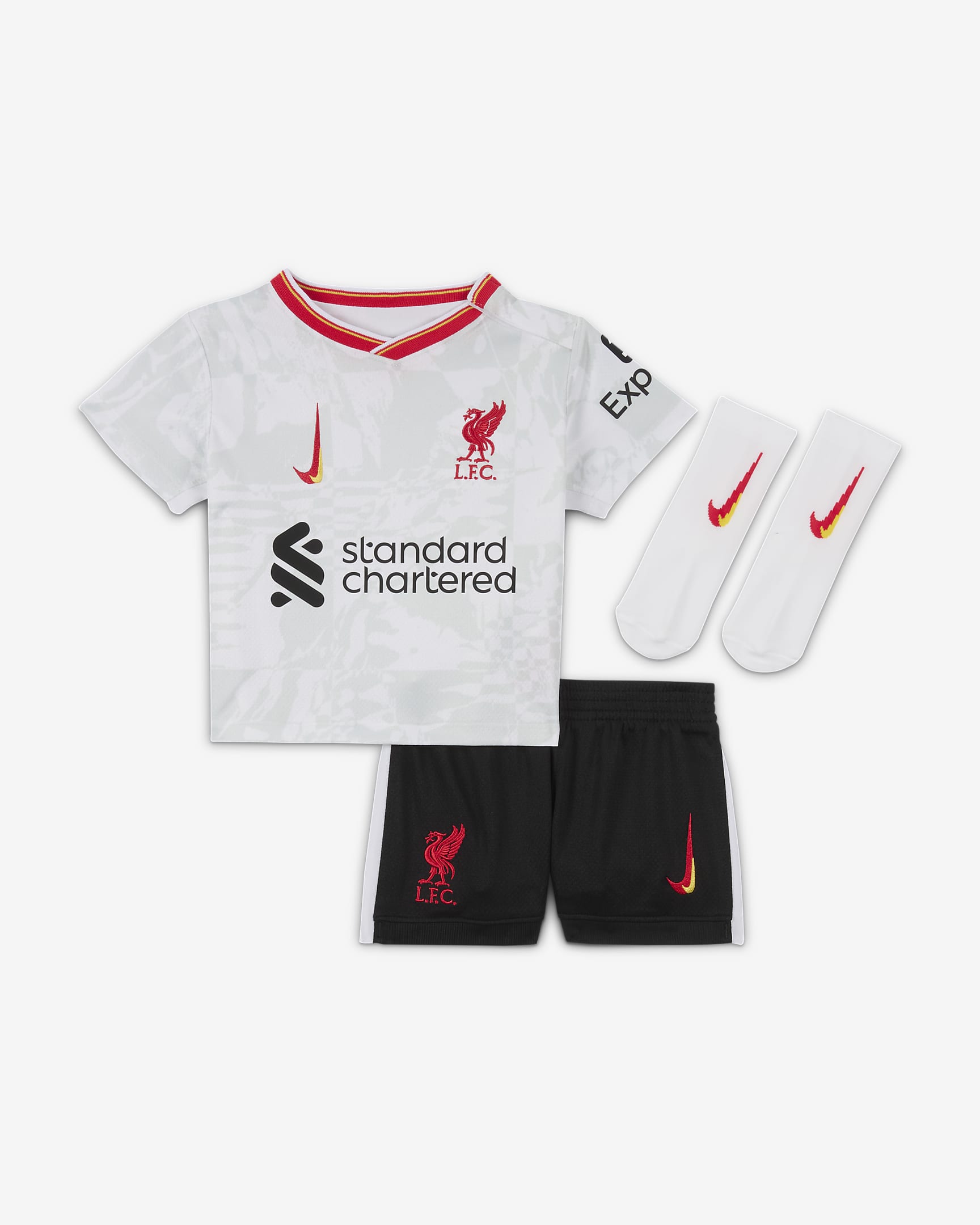 Conjunto de três peças de futebol Nike do terceiro equipamento Stadium Liverpool FC 2024/25 para bebé - Branco/Pure Platinum/Preto/Vermelho Global