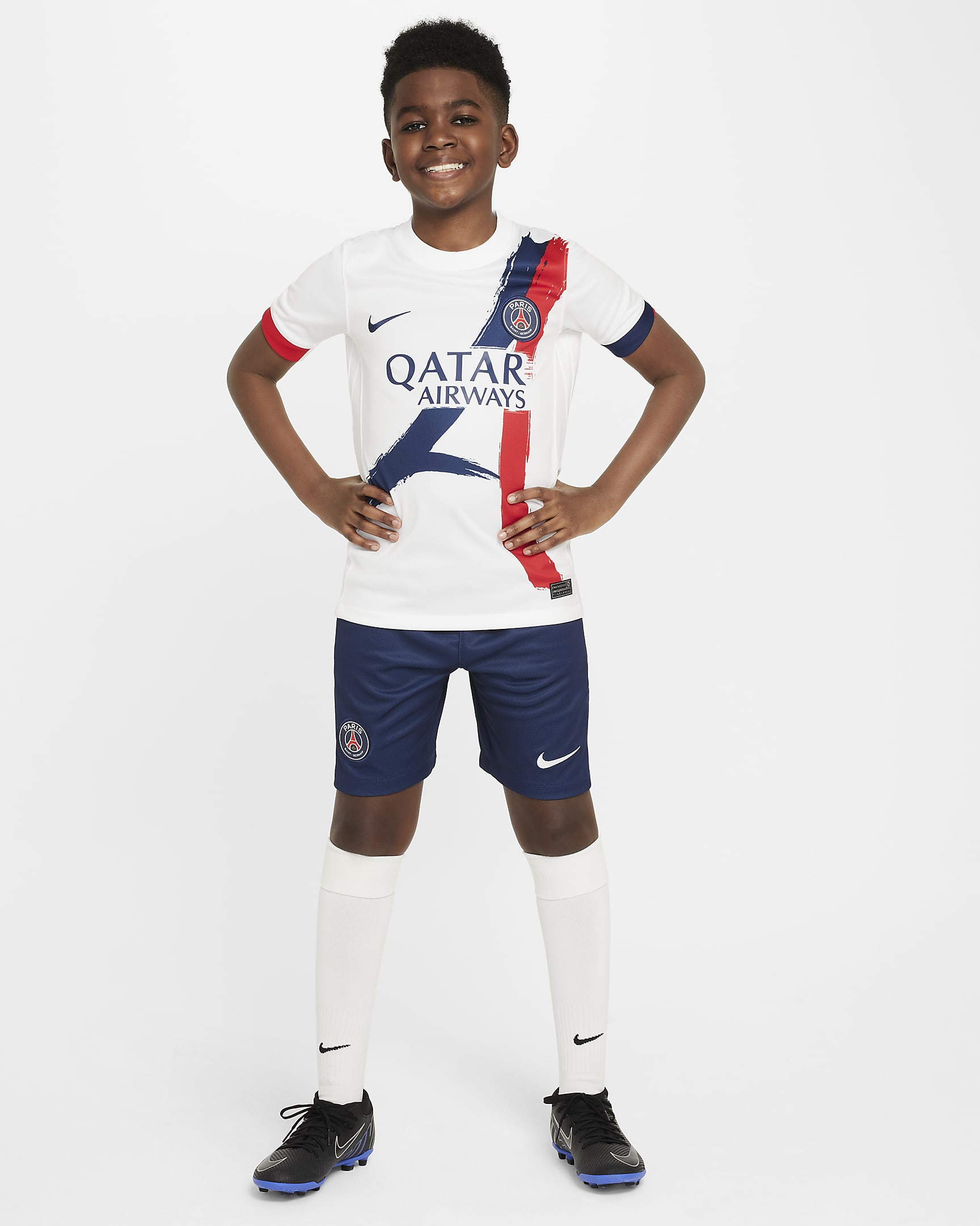 Paris Saint-Germain 2024/25 Stadium Away Nike Dri-FIT-Replica-fodboldtrøje til større børn - hvid/Midnight Navy/University Red/Midnight Navy