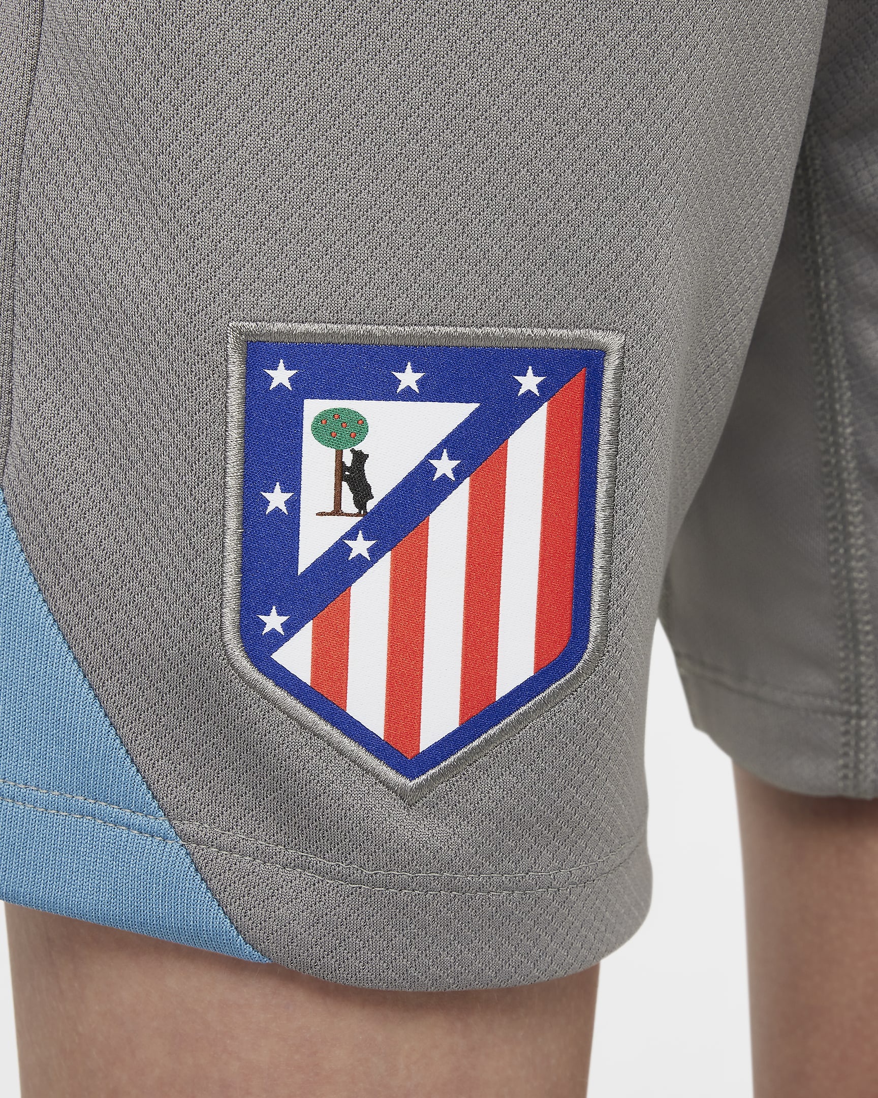 Atlético Madrid Strike Nike Dri-FIT strikket fotballshorts til store barn - Flat Pewter/Noise Aqua/Light Crimson