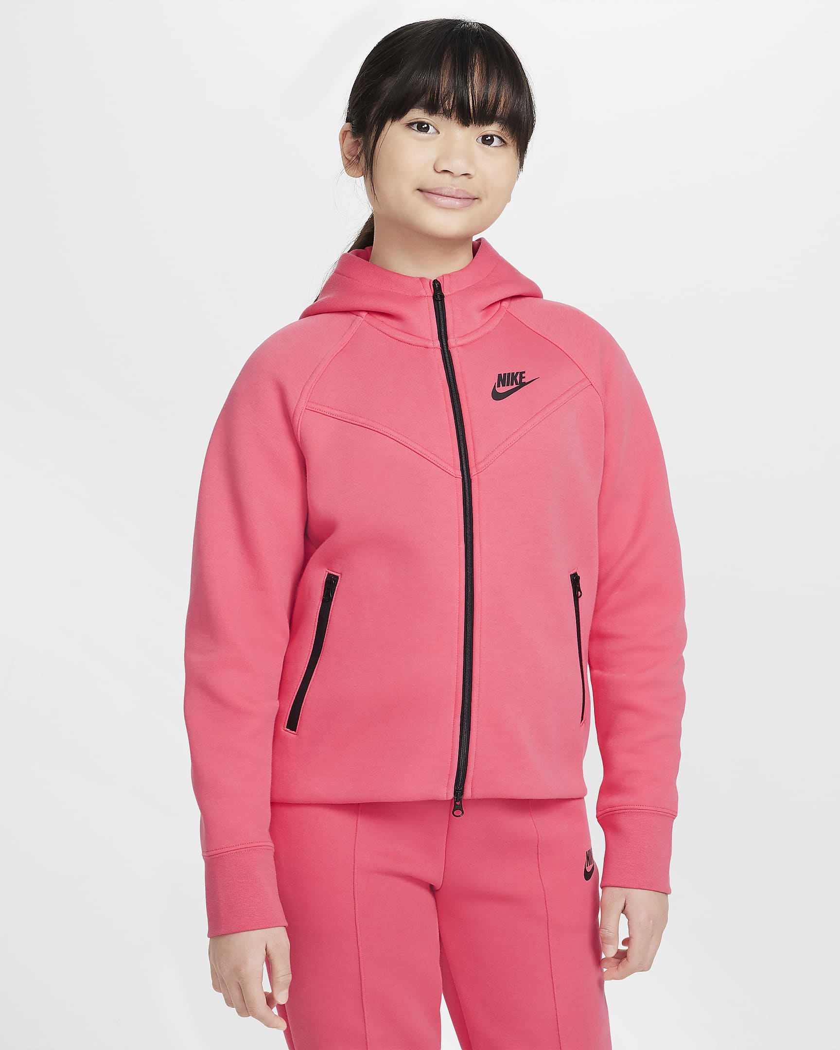 Hoodie com fecho completo Nike Sportswear Tech Fleece Júnior (Rapariga) - Rosa Aster/Preto/Preto