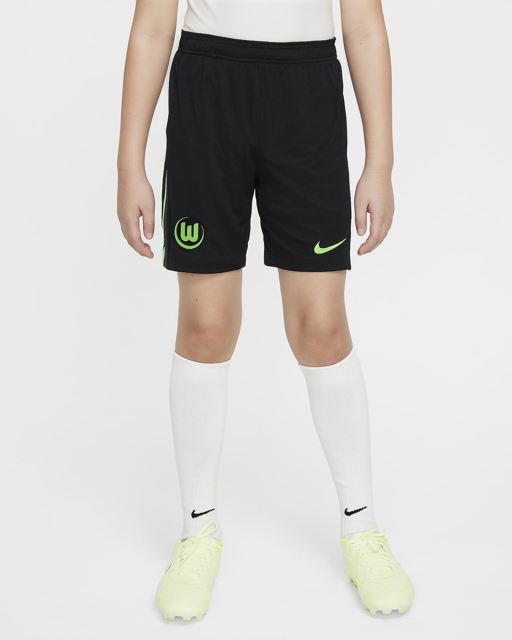 Primera i segona equipació Stadium VfL Wolfsburg 2024/25 Pantalons curts de futbol de rèplica Nike Dri-FIT - Nen/a - Negre/Pro Green/Sub Lime