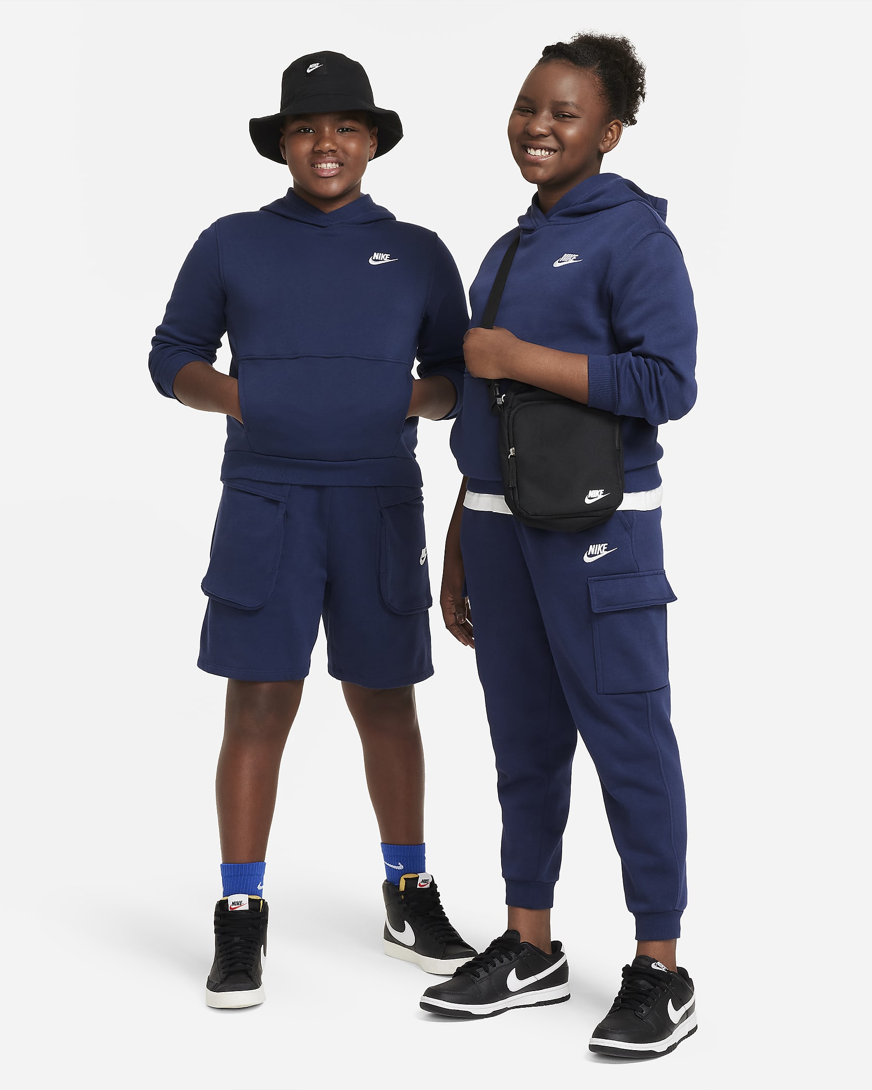 Nike Sportswear Club Fleece Big Kids' Pullover Hoodie (Extended Size) - Midnight Navy/White