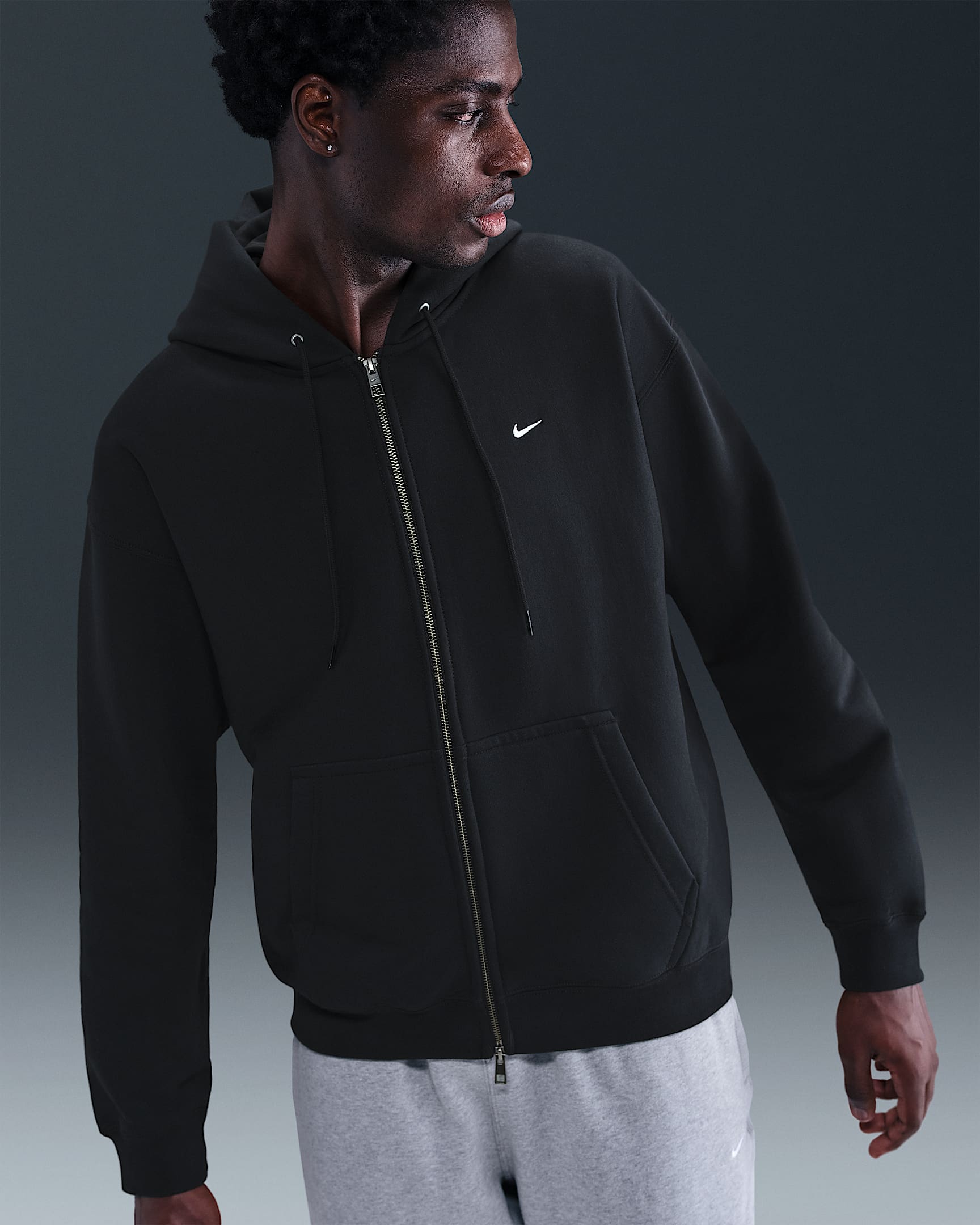 Nike Solo Swoosh Tam Boy Fermuarlı Fleece Erkek Kapüşonlu Üstü - Siyah/Siyah/Beyaz