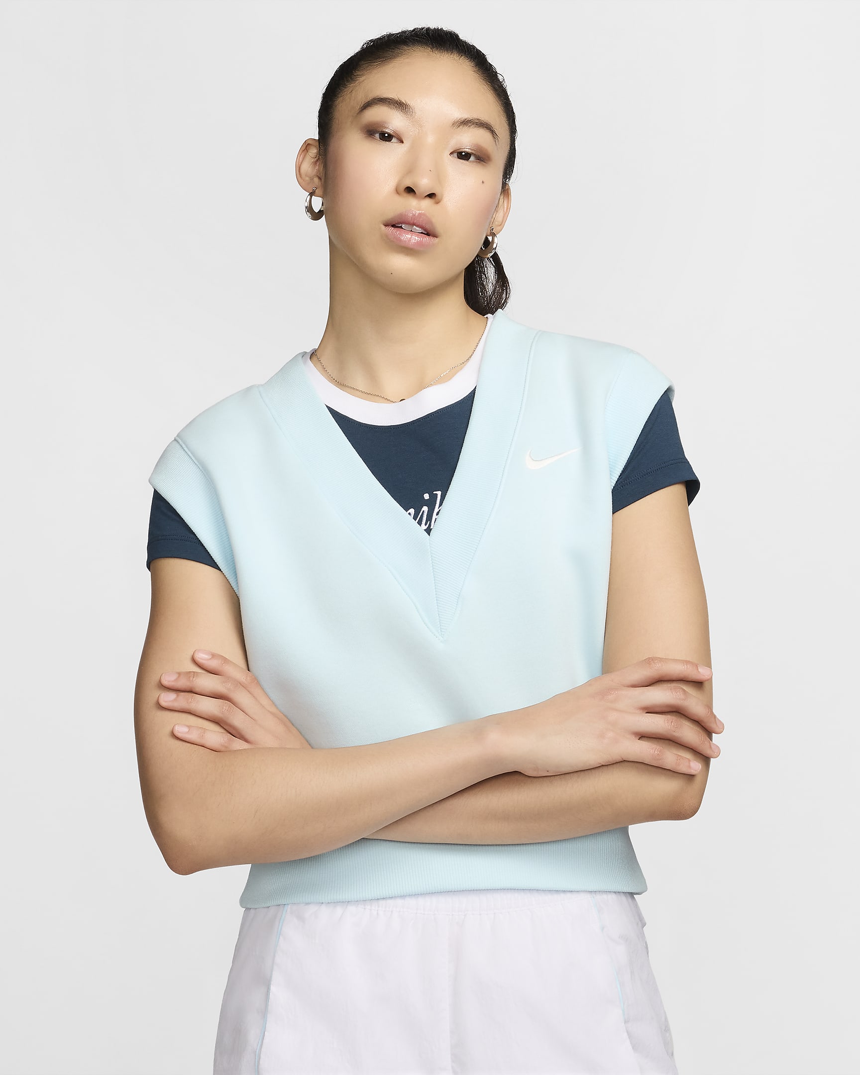 เสื้อเอวลอยแขนกุดคอวีทรงหลวมผู้หญิง Nike Sportswear Phoenix Fleece - Glacier Blue/Sail