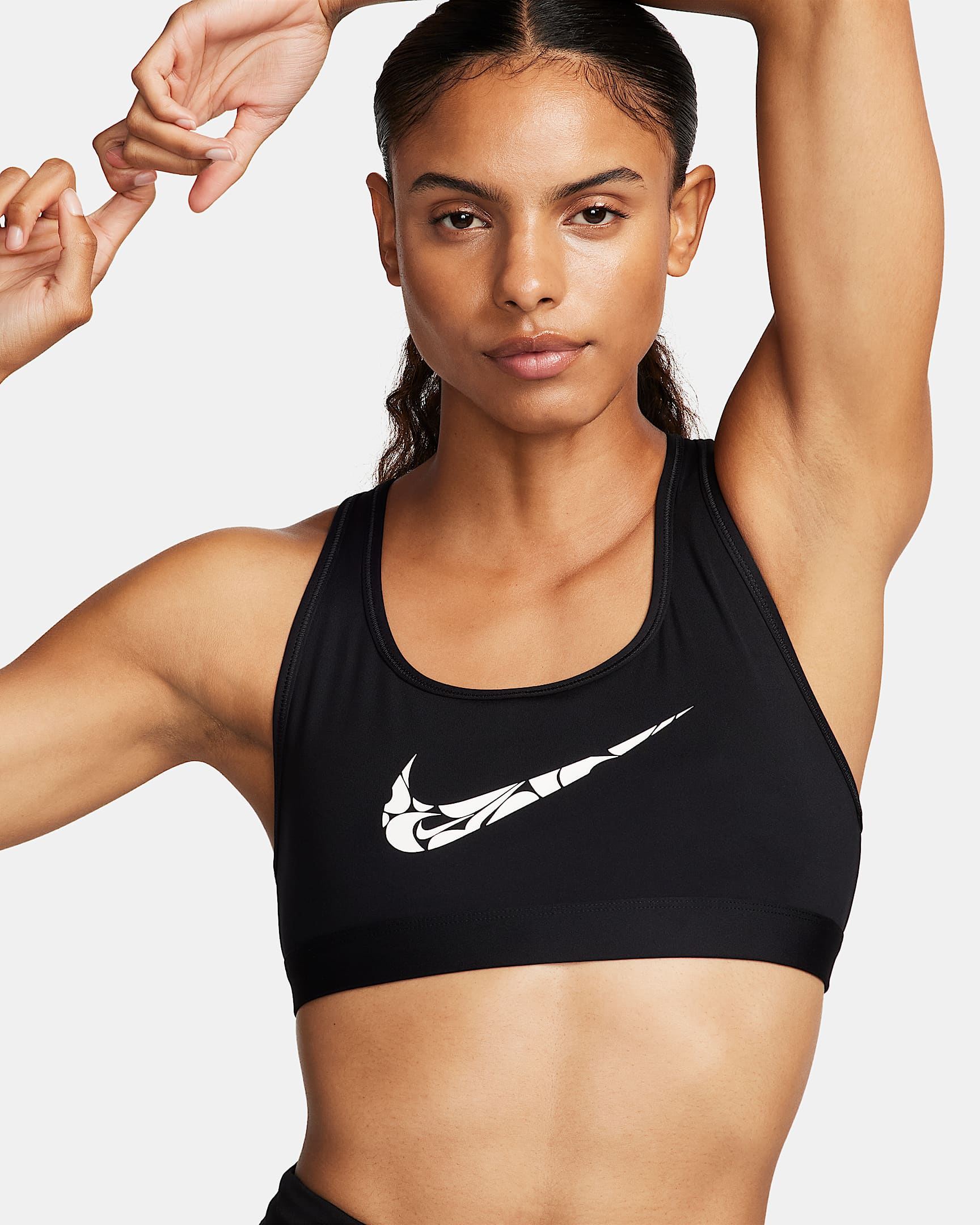 Bra deportivo sin almohadilla con gráfico para mujer Nike Swoosh Light Support - Negro/Blanco