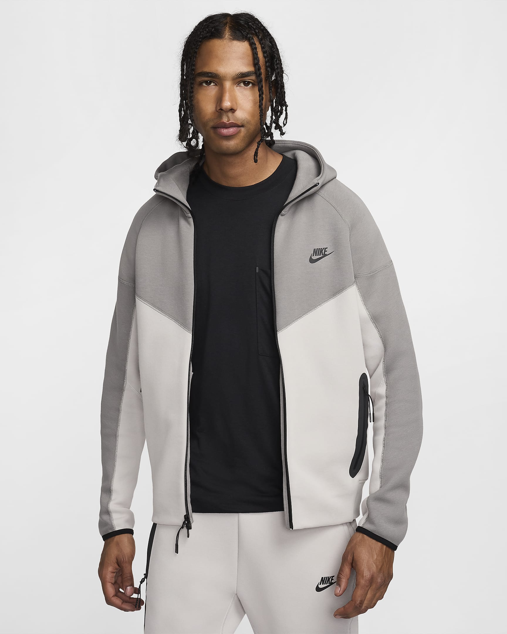 Nike Sportswear Tech Fleece Windrunner Tam Boy Fermuarlı Erkek Kapüşonlu Üst - Light Iron Ore/Flat Pewter/Siyah