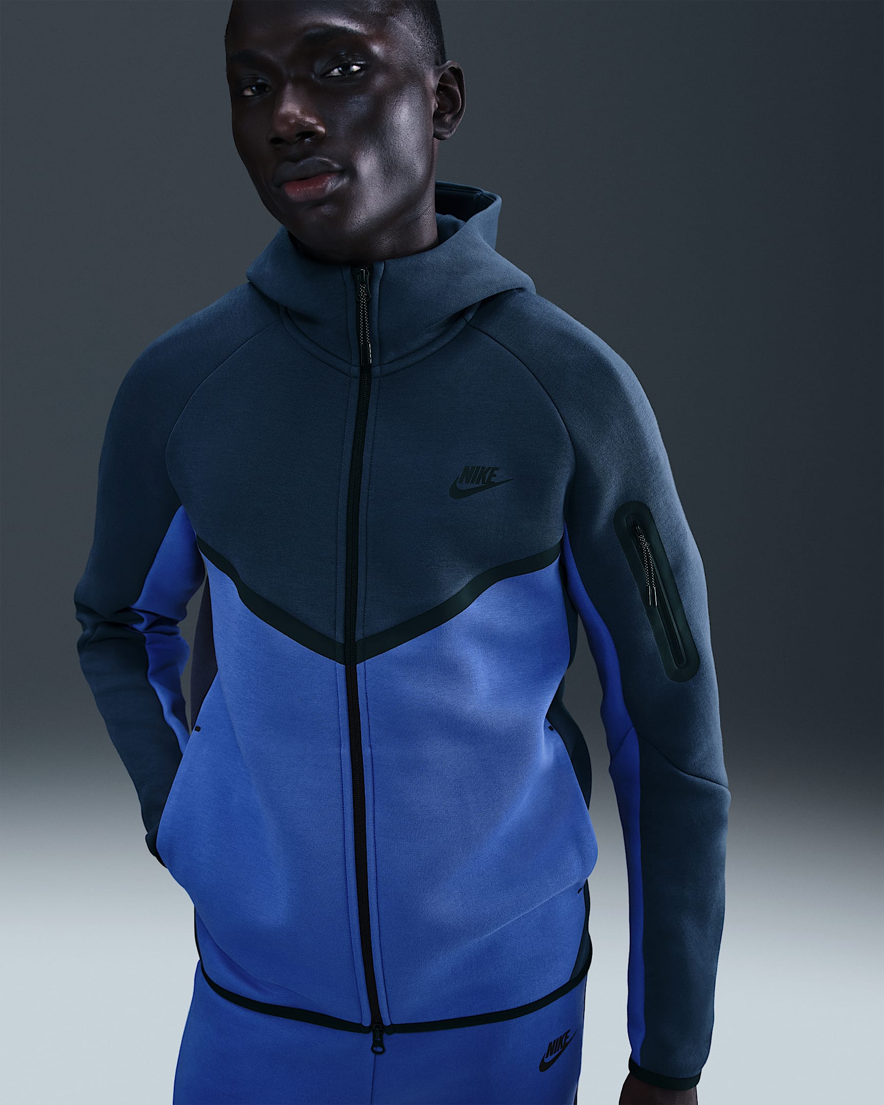 Nike Tech Windrunner-fleecejakke med lynlås til mænd - Thunder Blue/Comet Blue/sort
