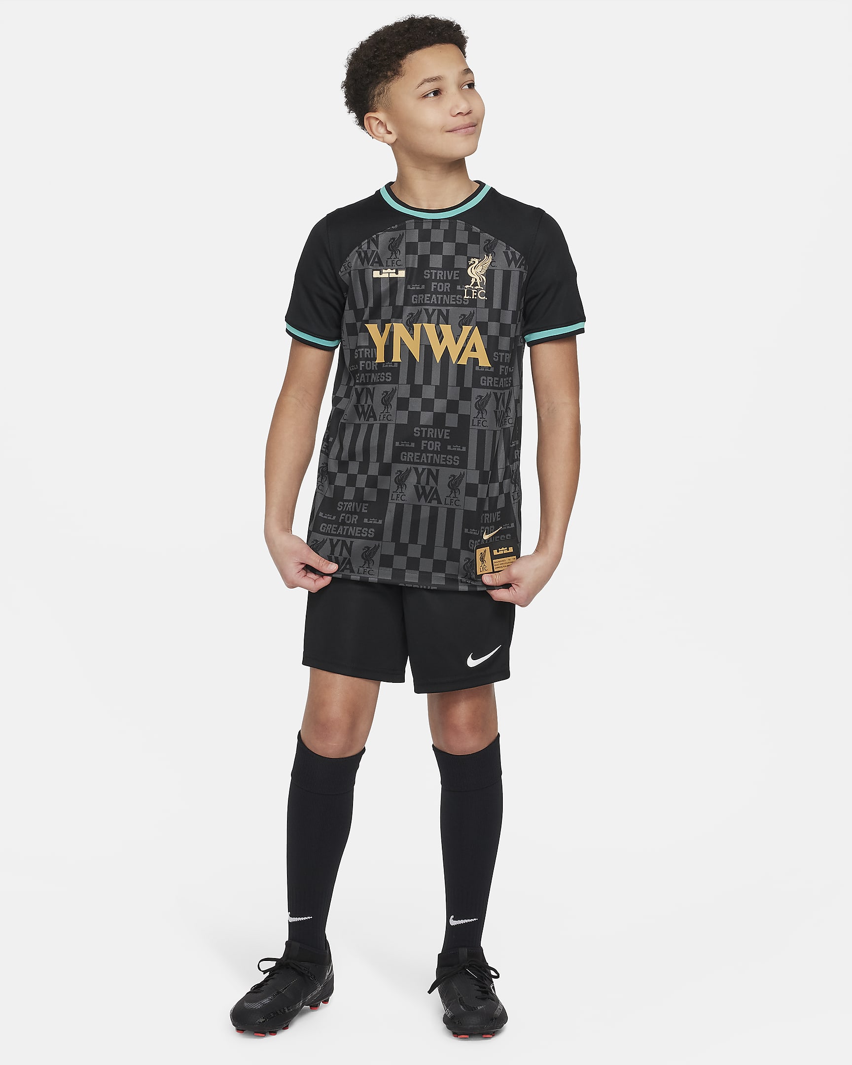 LeBron x Liverpool F.C. Stadium Older Kids' Nike Dri-FIT Replica Football Shirt - Black/Washed Teal/Truly Gold