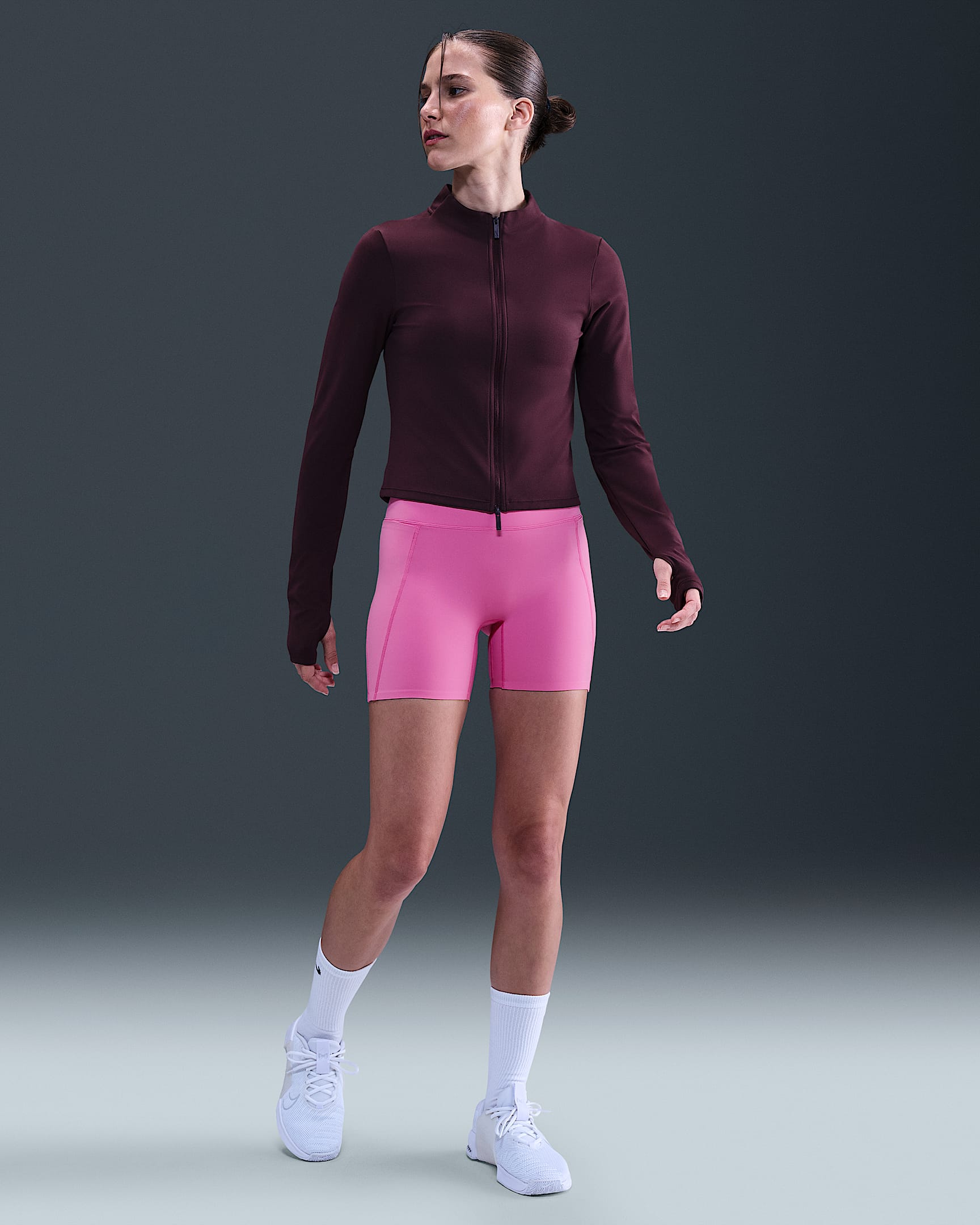 Nike Universa Women's Medium-Support High-Waisted 5" Biker Shorts with Pockets - Playful Pink/Cosmic Fuchsia/Pinkfire II
