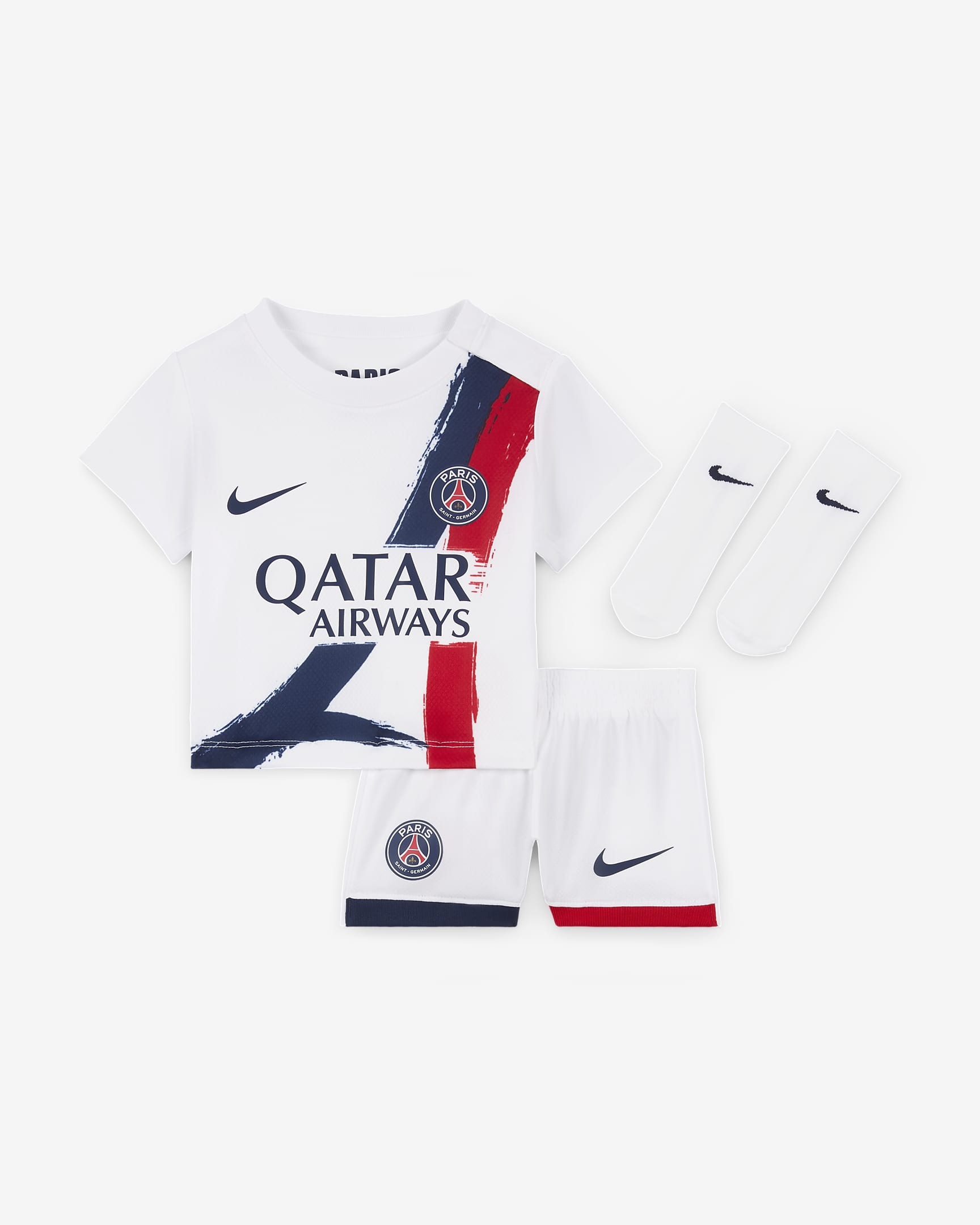 Conjunto de três peças de futebol de réplica Nike do equipamento principal Stadium Paris Saint-Germain 2024 para bebé - Branco/Midnight Navy/Vermelho University/Midnight Navy