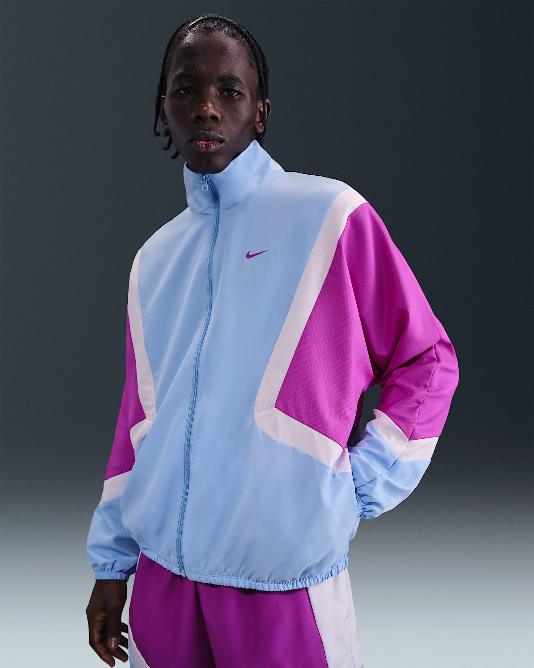 Nike Icon gewebte Basketballjacke (Herren) - Aluminum/Vivid Purple/Barely Grape/Vivid Purple