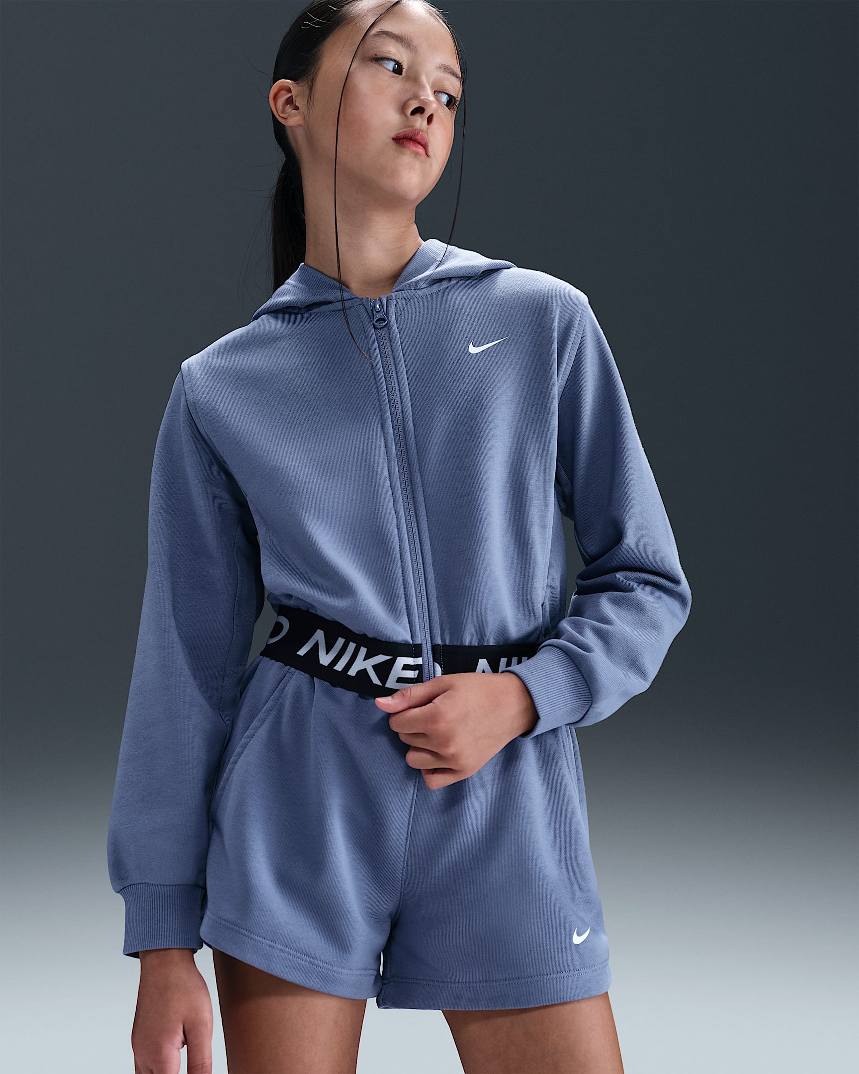 Nike Pro Fleece Older Kids' (Girls') Dri-FIT Full-Zip Hoodie - World Indigo/World Indigo/Black/White