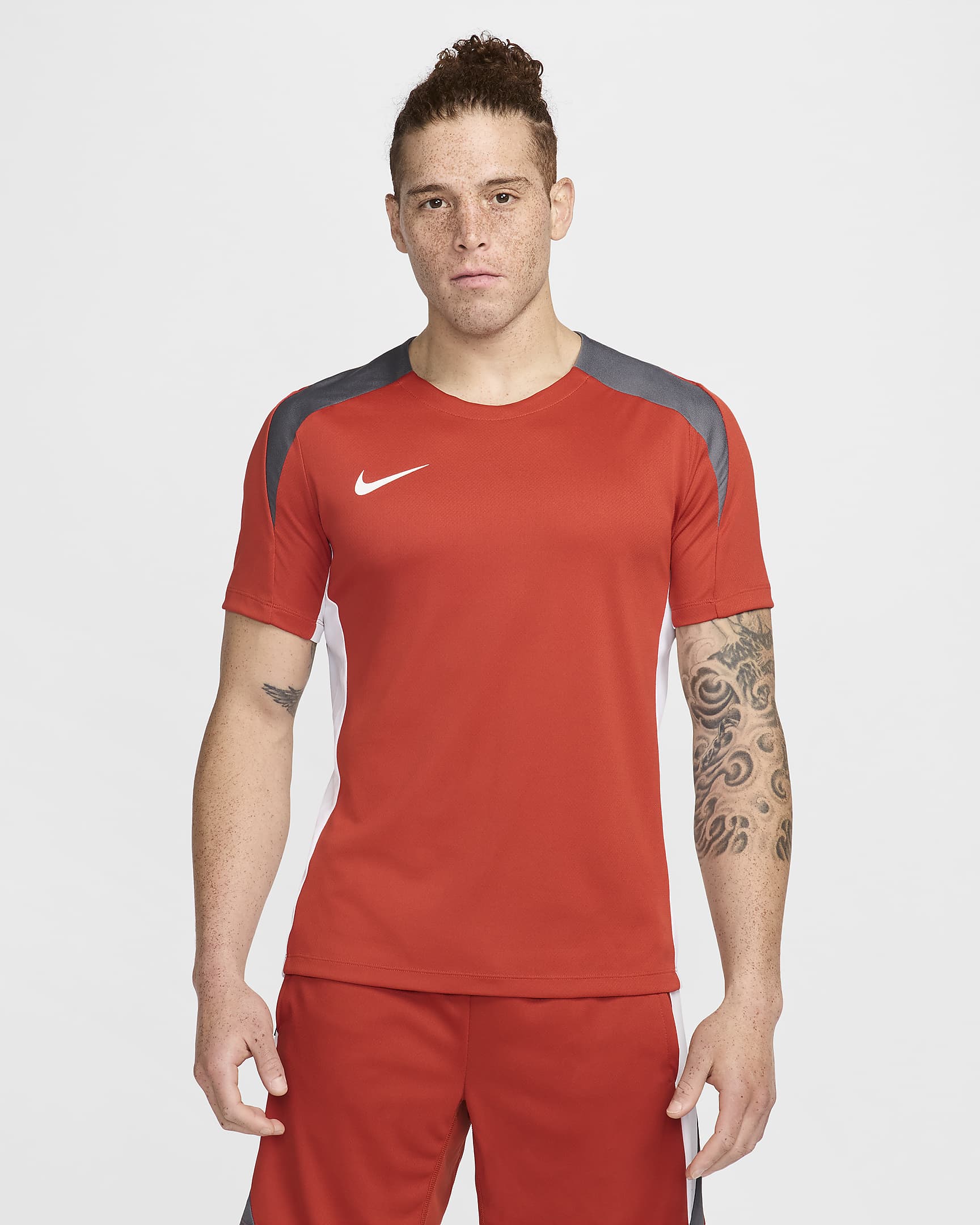 Męska koszulka piłkarska z krótkim rękawem Dri-FIT Nike Strike - Dragon Red/Biel/Iron Grey/Biel