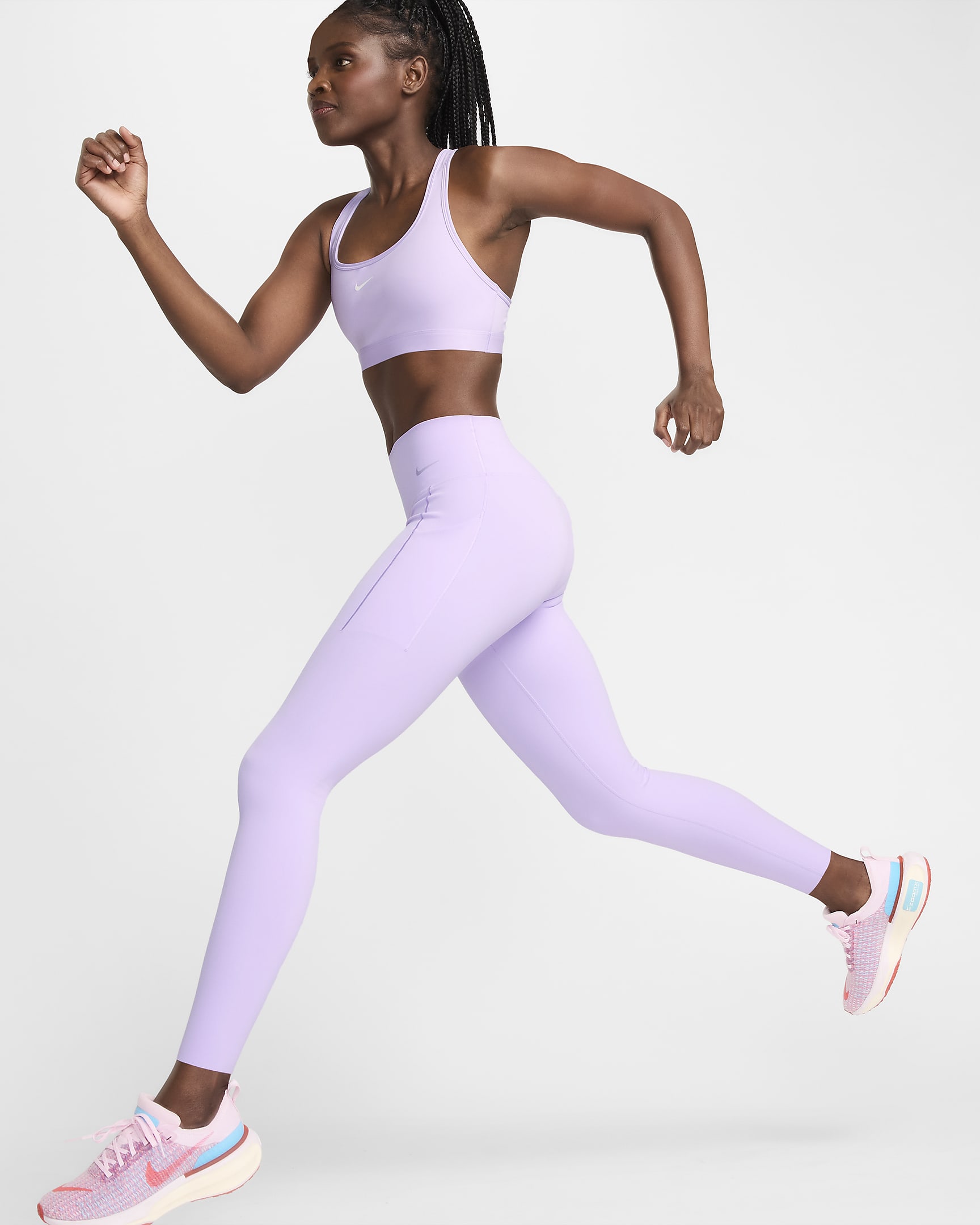 Legging long taille mi-haute à maintien normal avec poches Nike Universa pour femme - Lilac Bloom/Noir