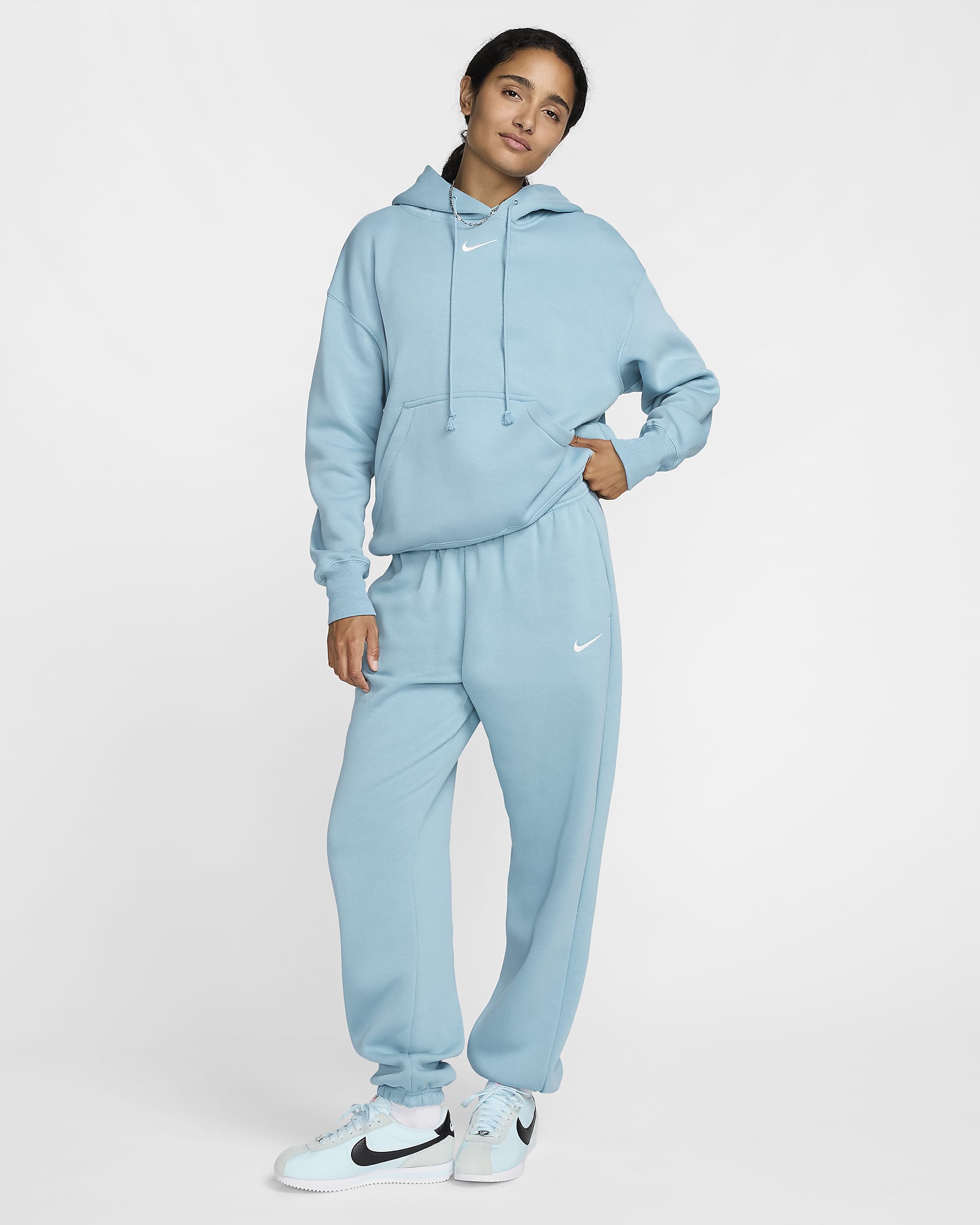 Overdimensionerede Nike Sportswear Phoenix Fleece-sweatpants med høj talje til kvinder - Denim Turquoise/Sail